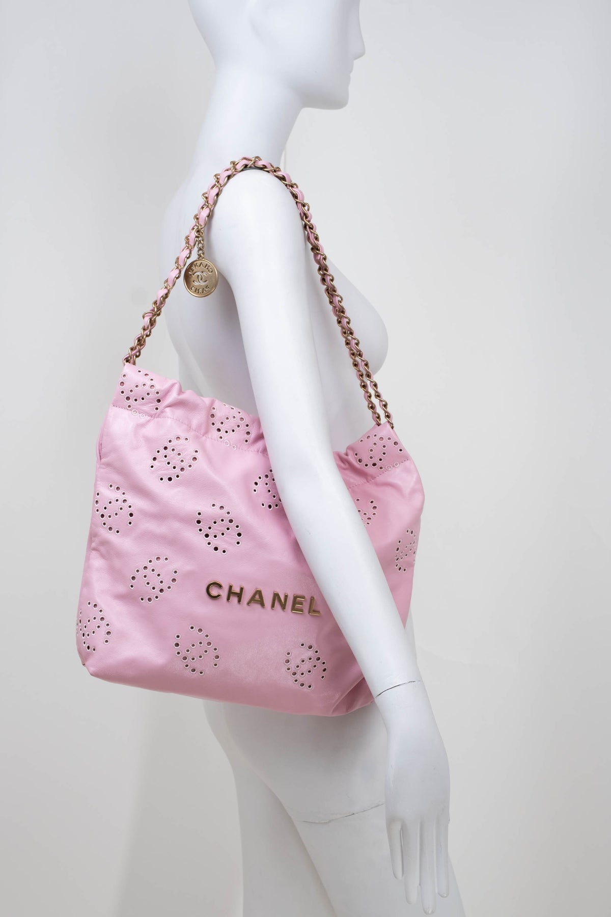 Chanel 22 Light Pink Eyelet CC Hobo Purse Size Small 2025