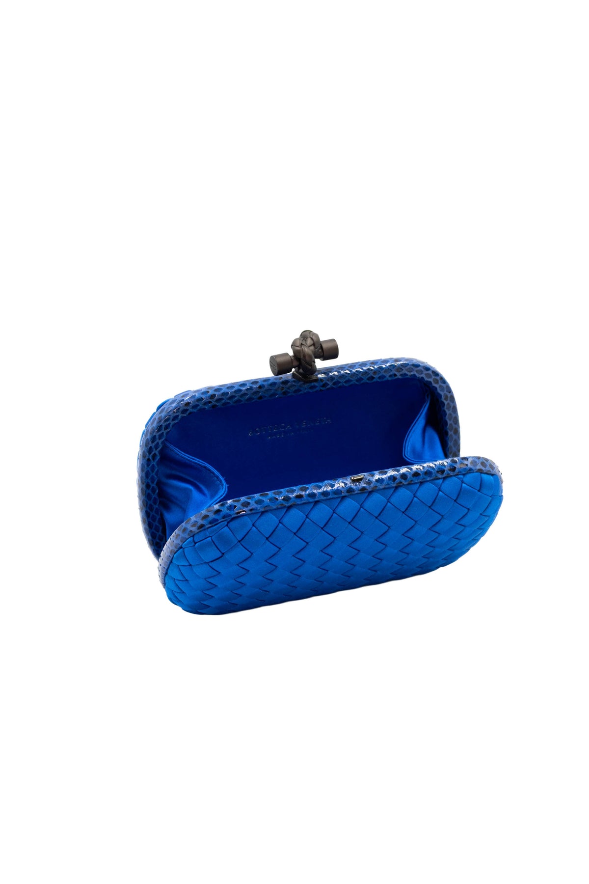 Bottega Veneta Royal Blue Snakeskin Trim Knot Minaudiere Purse Size Small