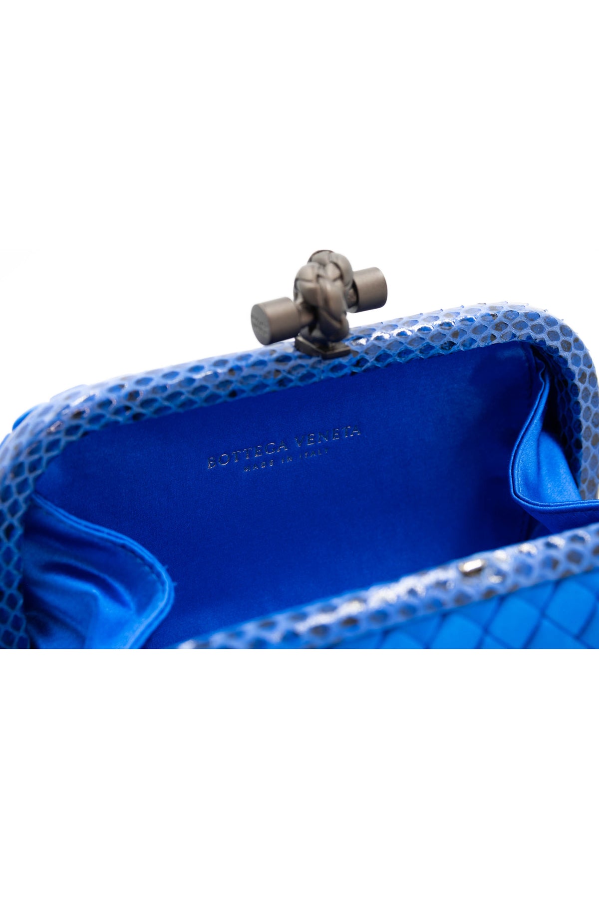 Bottega Veneta Royal Blue Snakeskin Trim Knot Minaudiere Purse Size Small