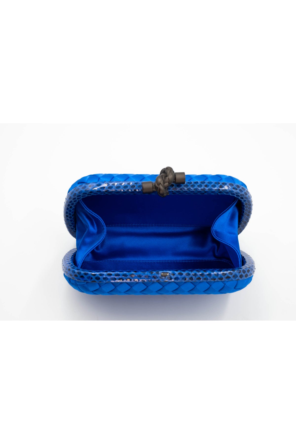 Bottega Veneta Royal Blue Snakeskin Trim Knot Minaudiere Purse Size Small