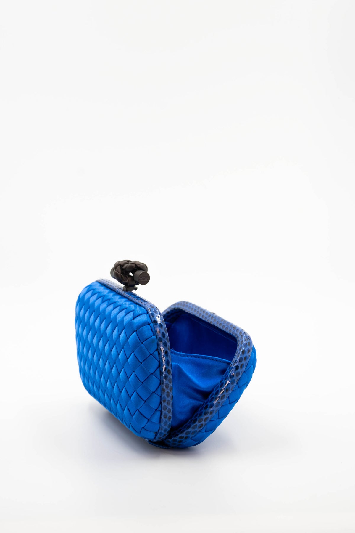 Bottega Veneta Royal Blue Snakeskin Trim Knot Minaudiere Purse Size Small