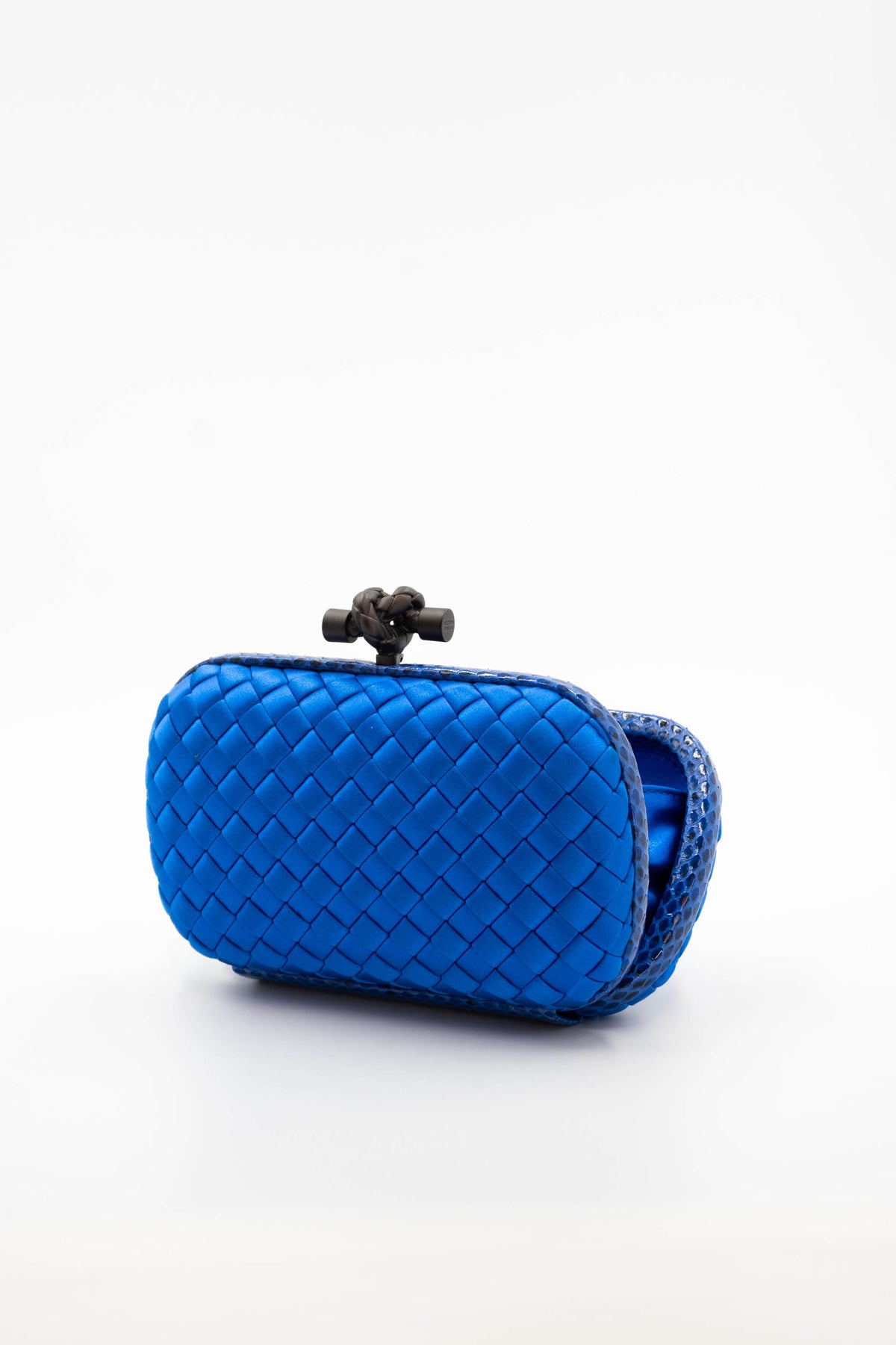 Bottega Veneta Royal Blue Snakeskin Trim Knot Minaudiere Purse Size Small