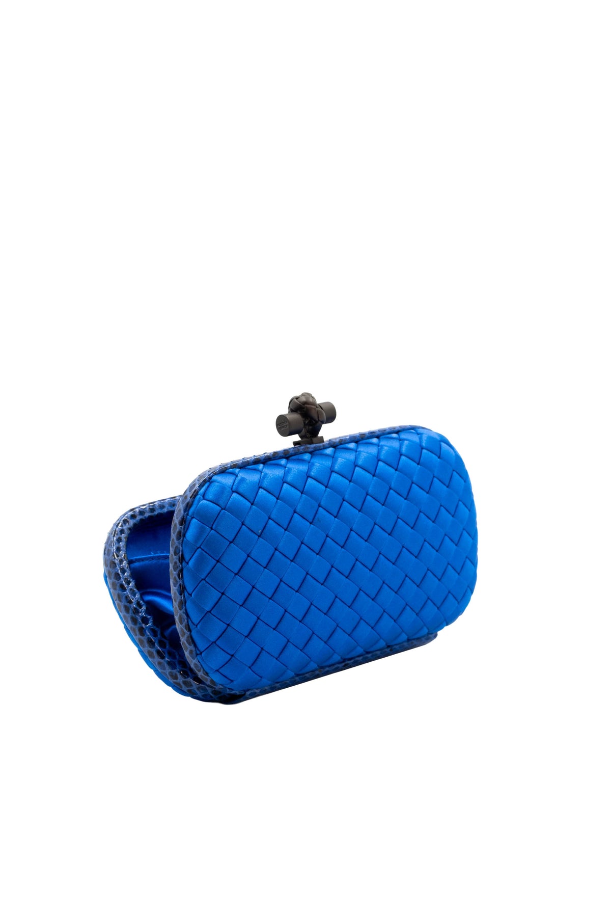 Bottega Veneta Royal Blue Snakeskin Trim Knot Minaudiere Purse Size Small