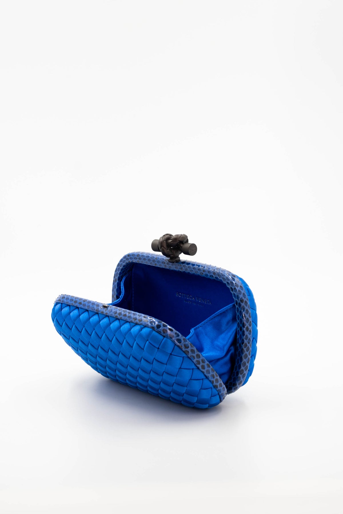 Bottega Veneta Royal Blue Snakeskin Trim Knot Minaudiere Purse Size Small