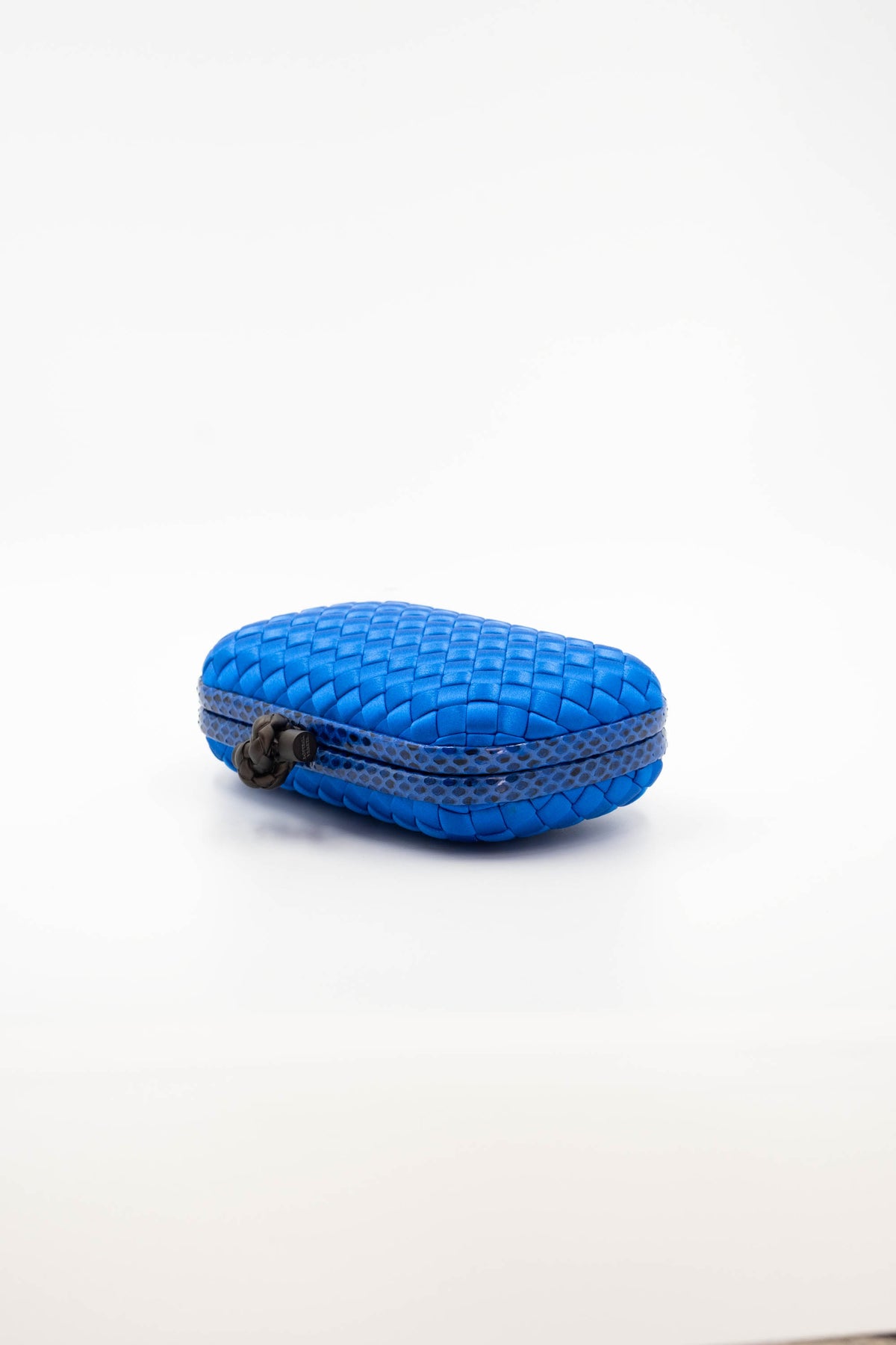 Bottega Veneta Royal Blue Snakeskin Trim Knot Minaudiere Purse Size Small