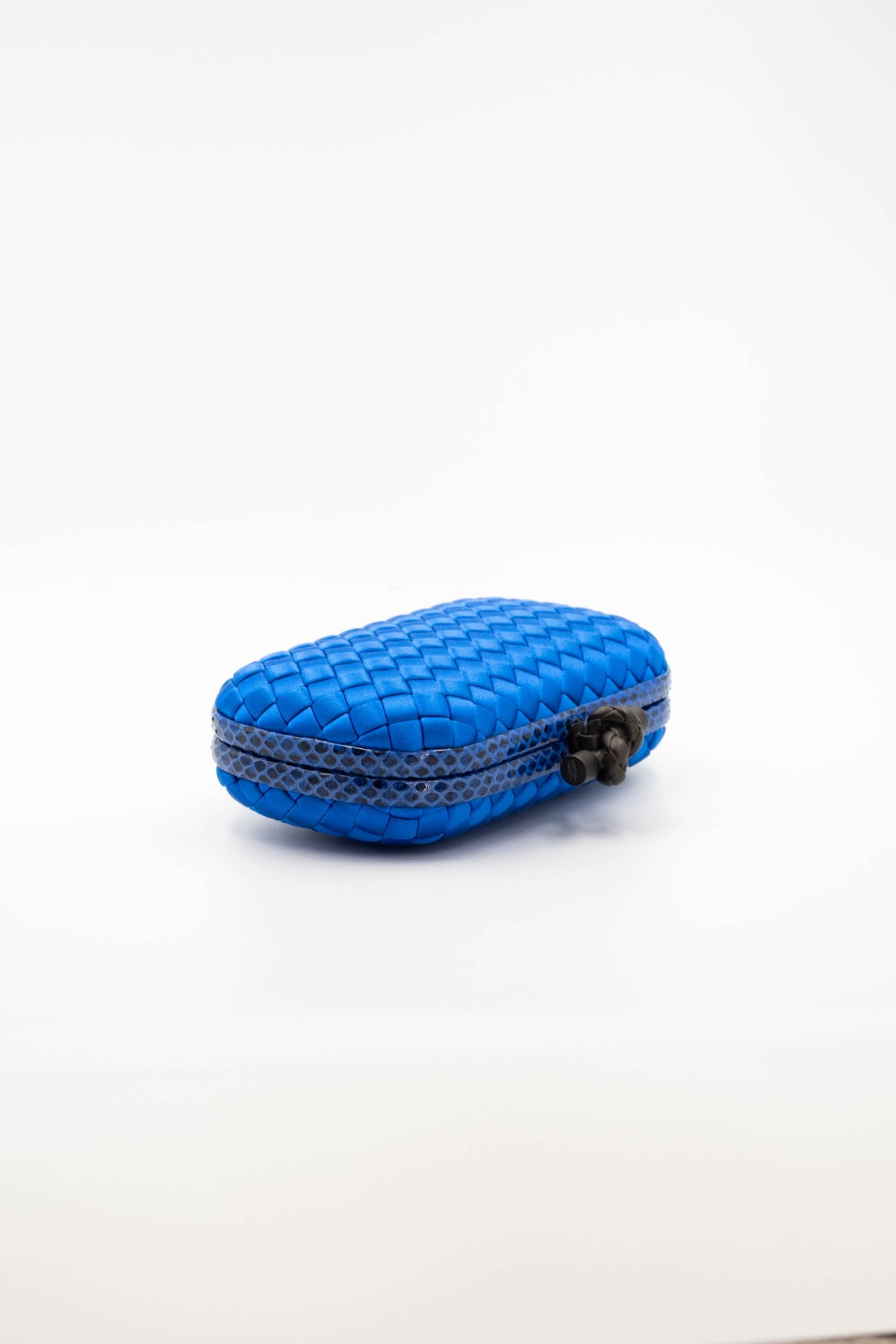 Bottega Veneta Royal Blue Snakeskin Trim Knot Minaudiere Purse Size Small