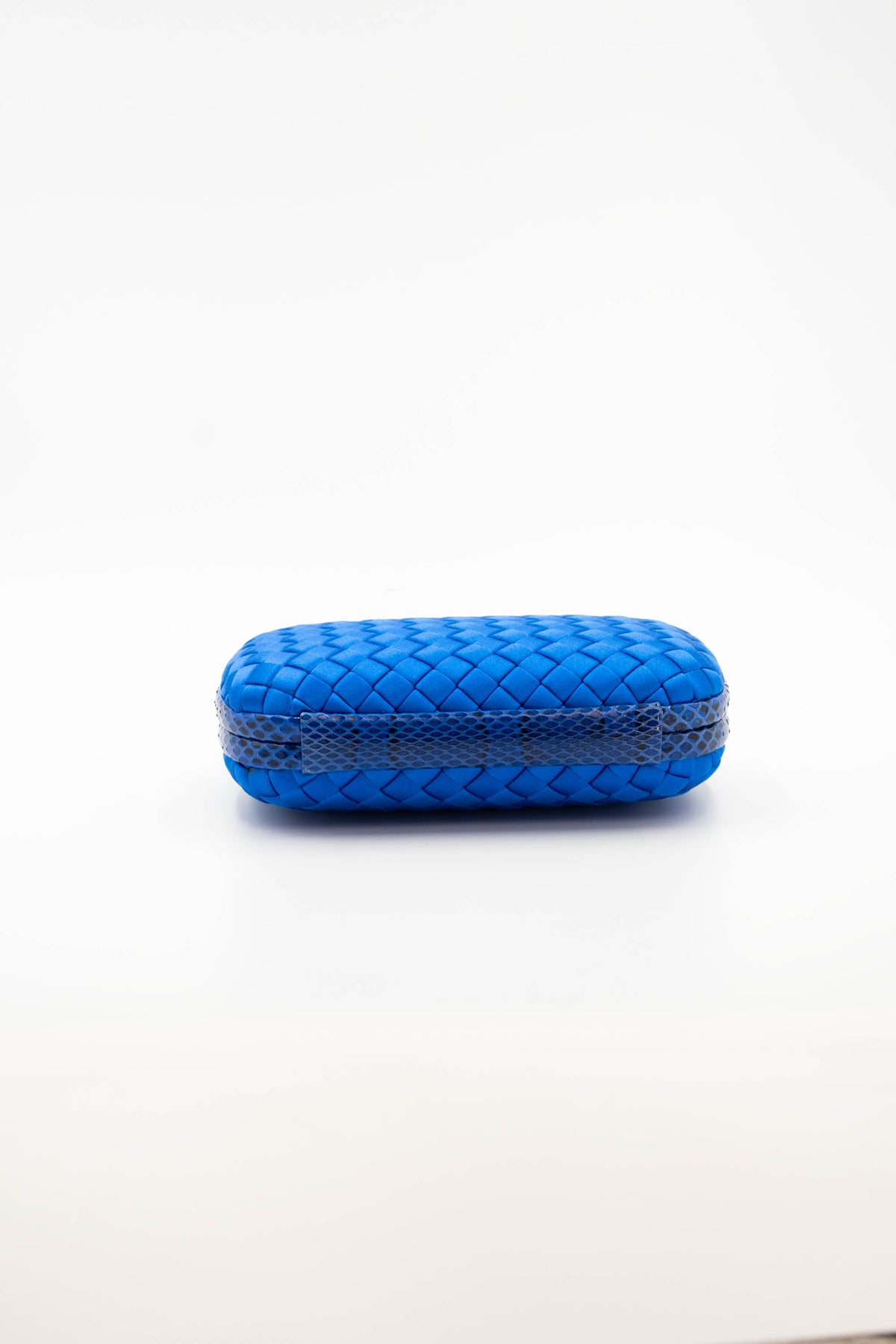 Bottega Veneta Royal Blue Snakeskin Trim Knot Minaudiere Purse Size Small