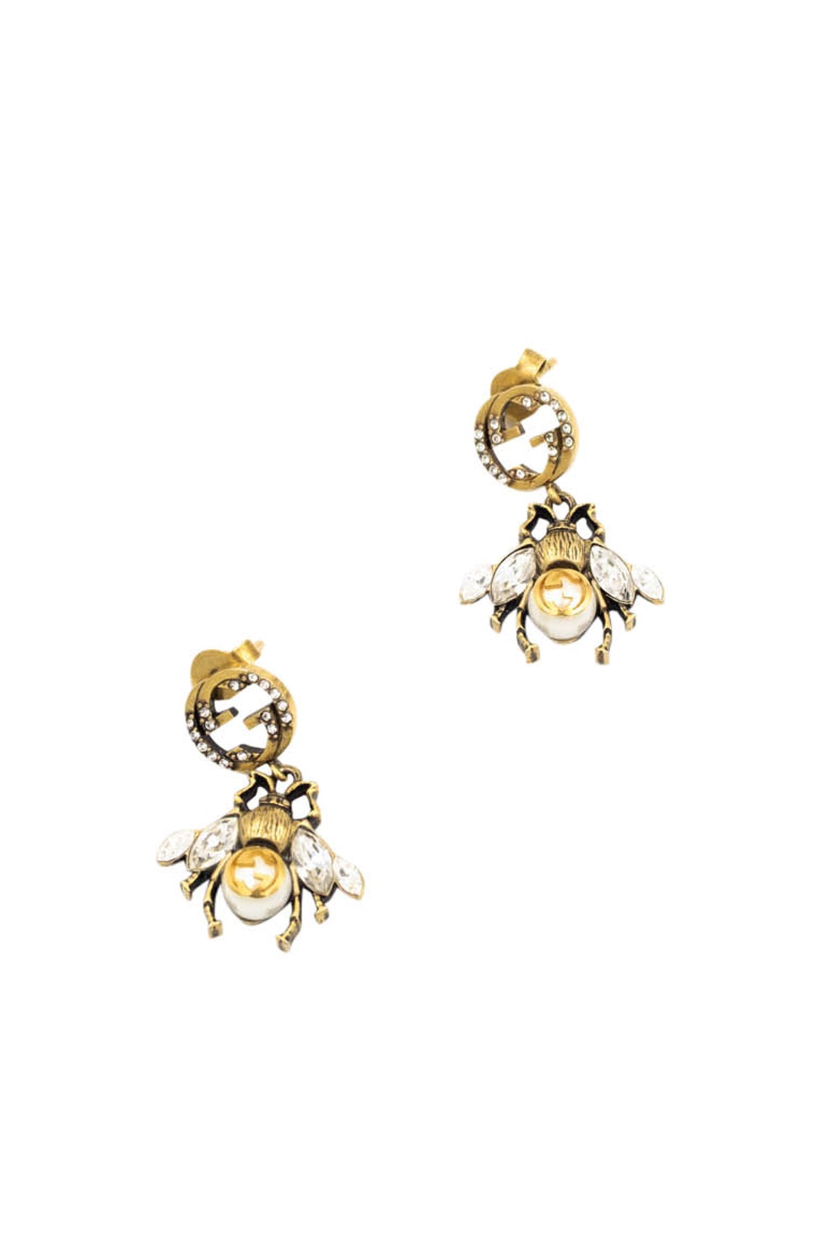 Gucci Bee Gold Tone and Strass Pearl Pierce Earrings