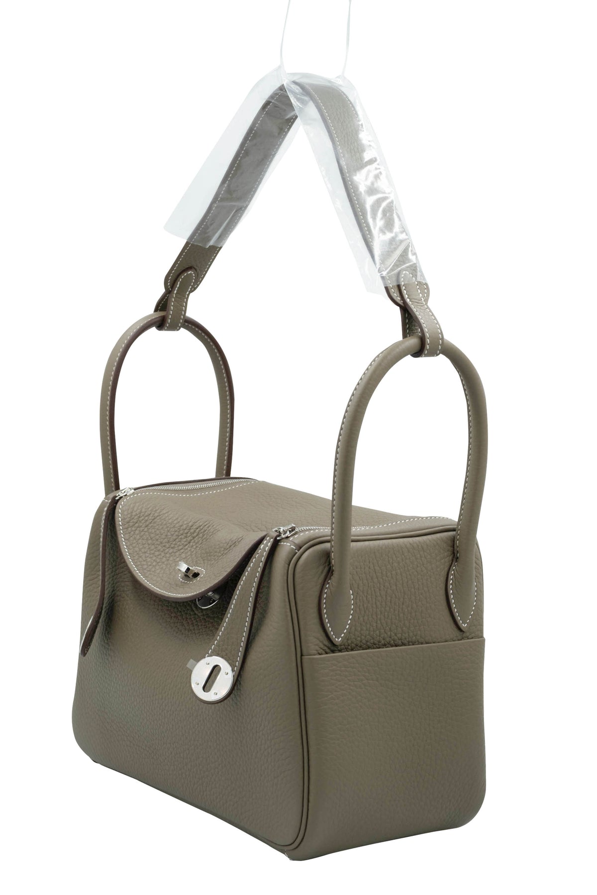 Hermes Etoupe Taurillion Clemence Lindy Dual Handle Shoulder Bag Purse 2025.