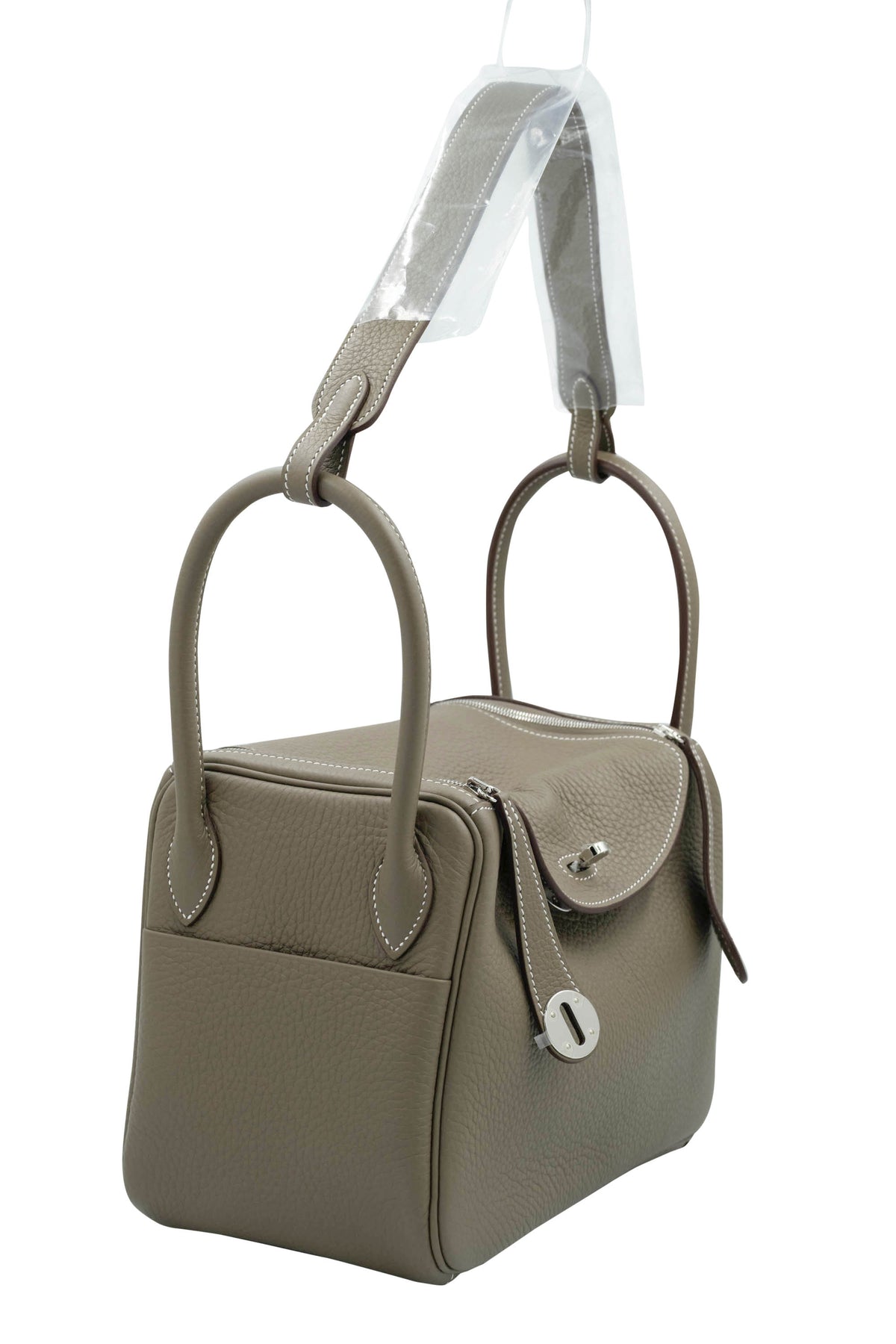 Hermes Etoupe Taurillion Clemence Lindy Dual Handle Shoulder Bag Purse 2025.