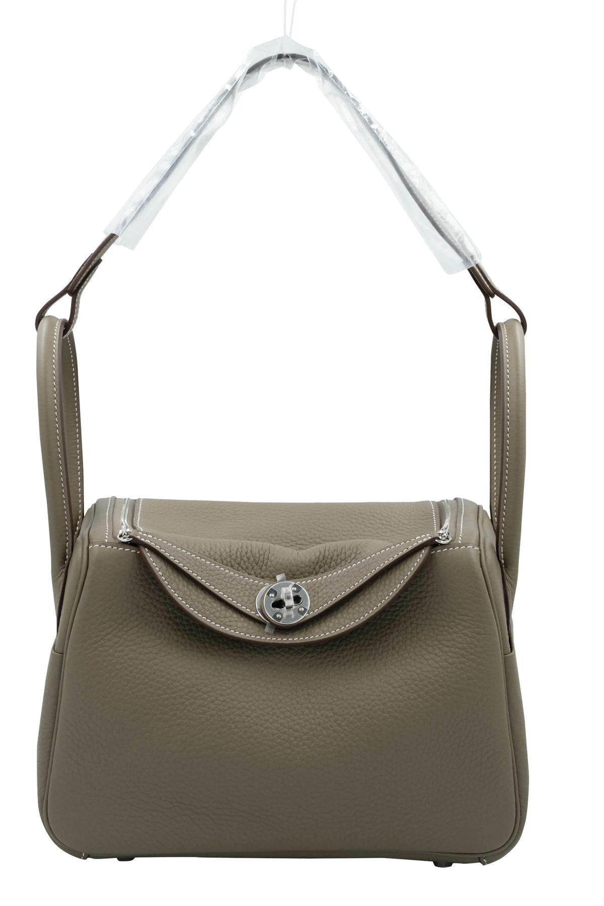 Hermes Etoupe Taurillion Clemence Lindy Dual Handle Shoulder Bag Purse 2025.