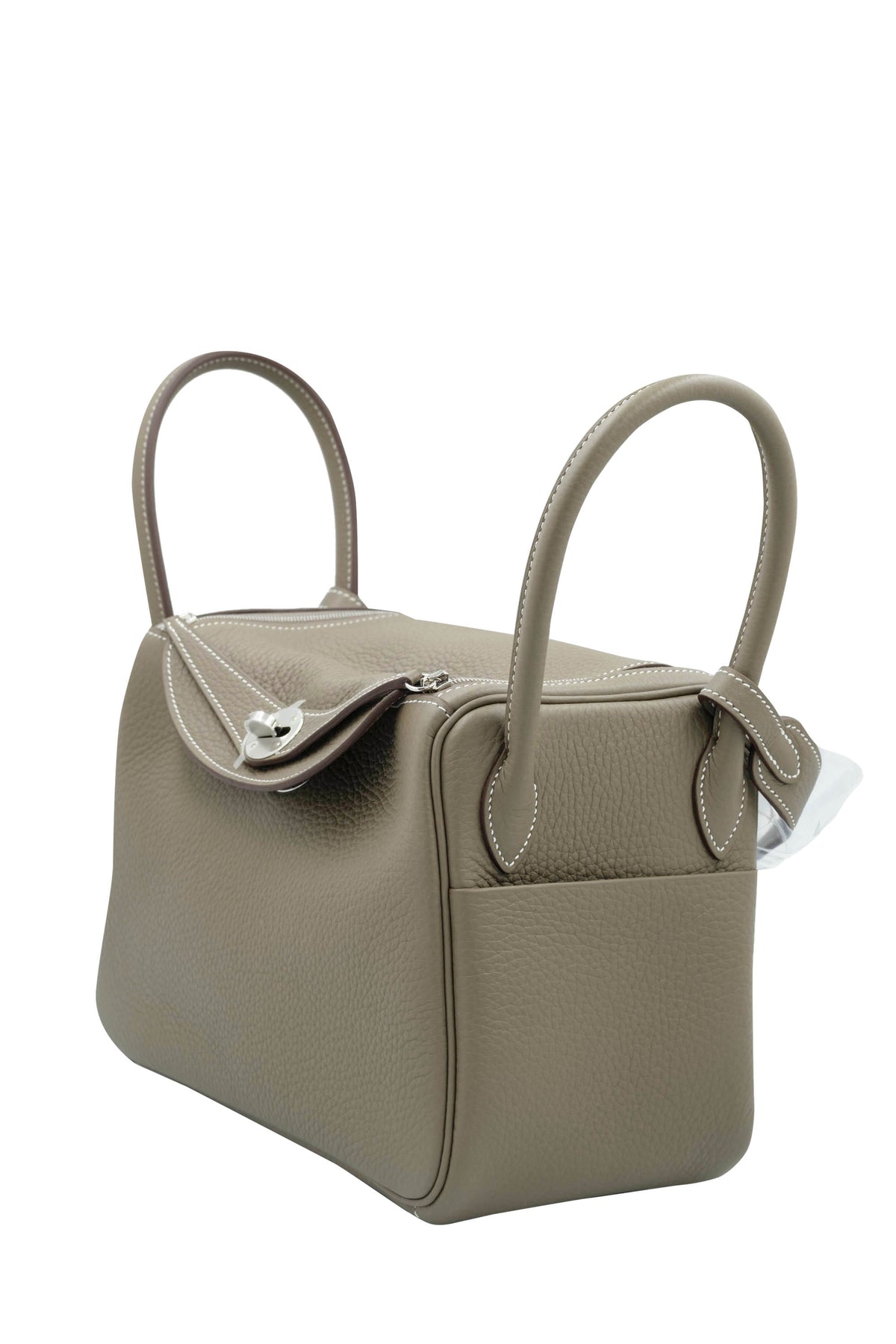 Hermes Etoupe Taurillion Clemence Lindy Dual Handle Shoulder Bag Purse 2025.