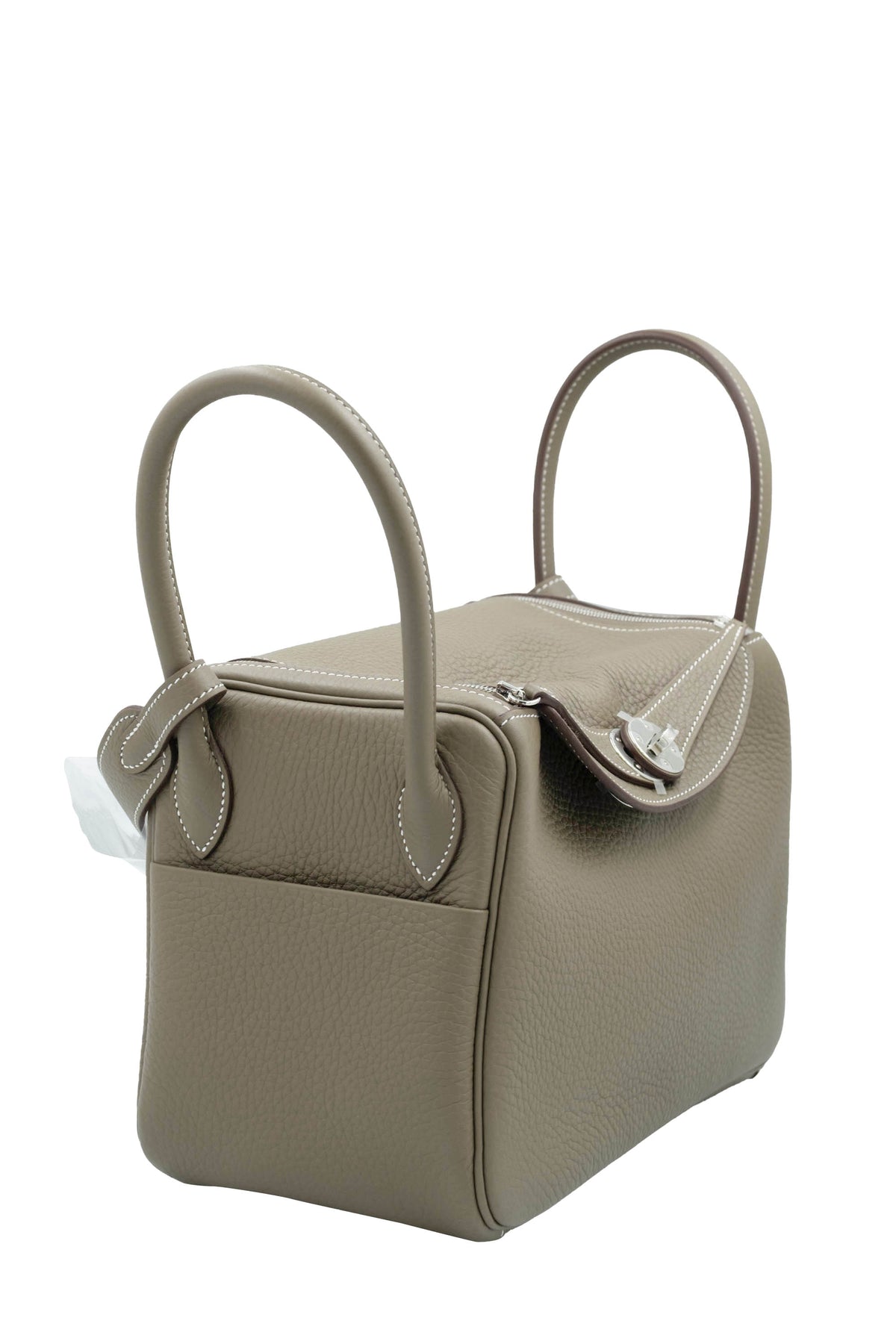 Hermes Etoupe Taurillion Clemence Lindy Dual Handle Shoulder Bag Purse 2025.