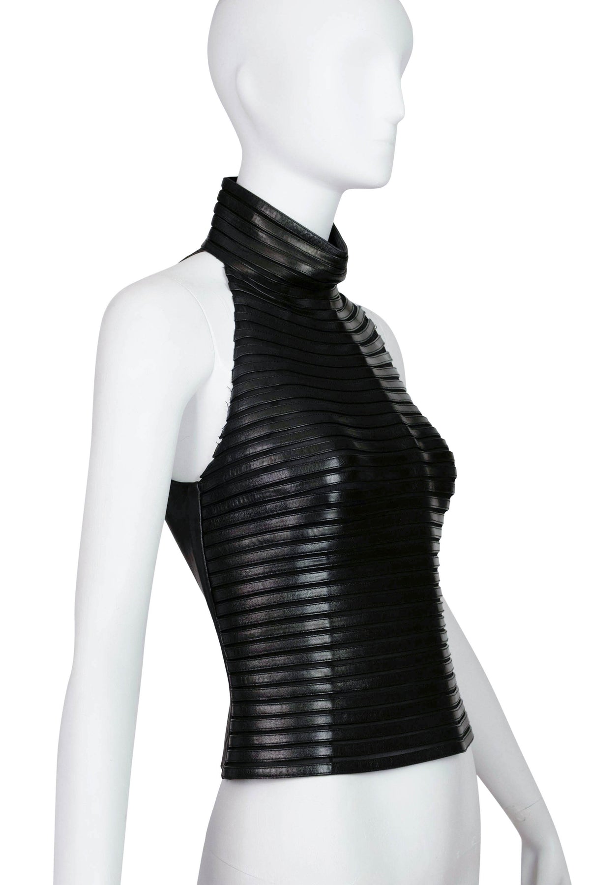 Jean Claude Jitrois Black Stretch Leather Mock Neck Sleeveless Top French Size M