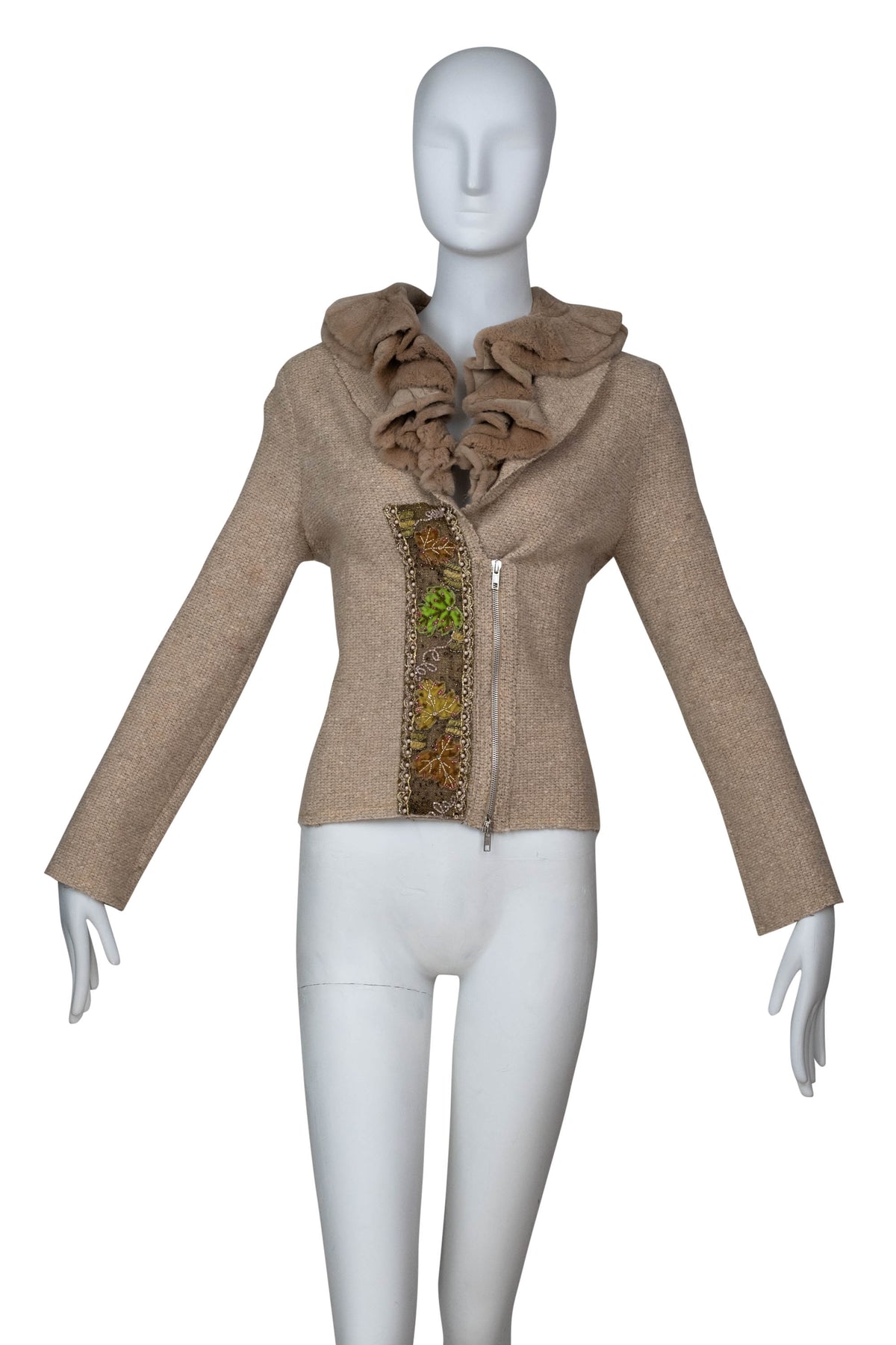 Blumarine Beige Fur Neck Jacket with Floral Embellishment Size 46