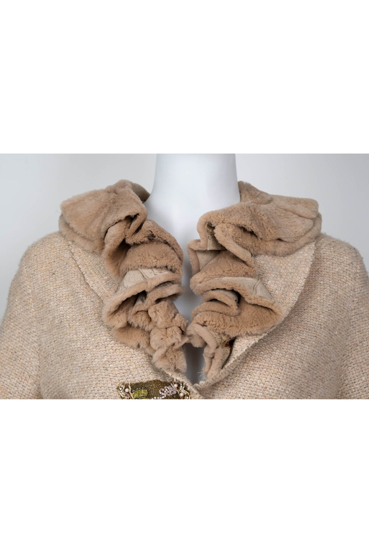 Blumarine Beige Fur Neck Jacket with Floral Embellishment Size 46