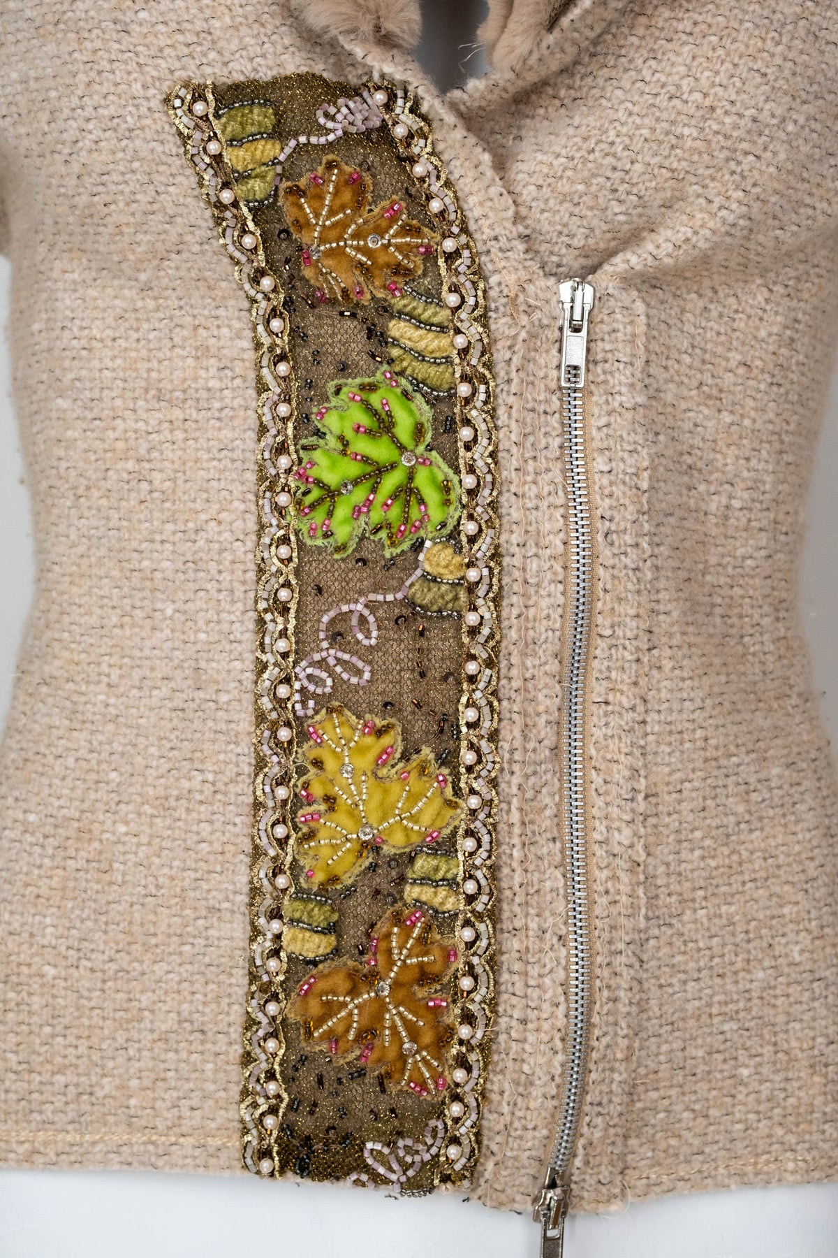 Blumarine Beige Fur Neck Jacket with Floral Embellishment Size 46