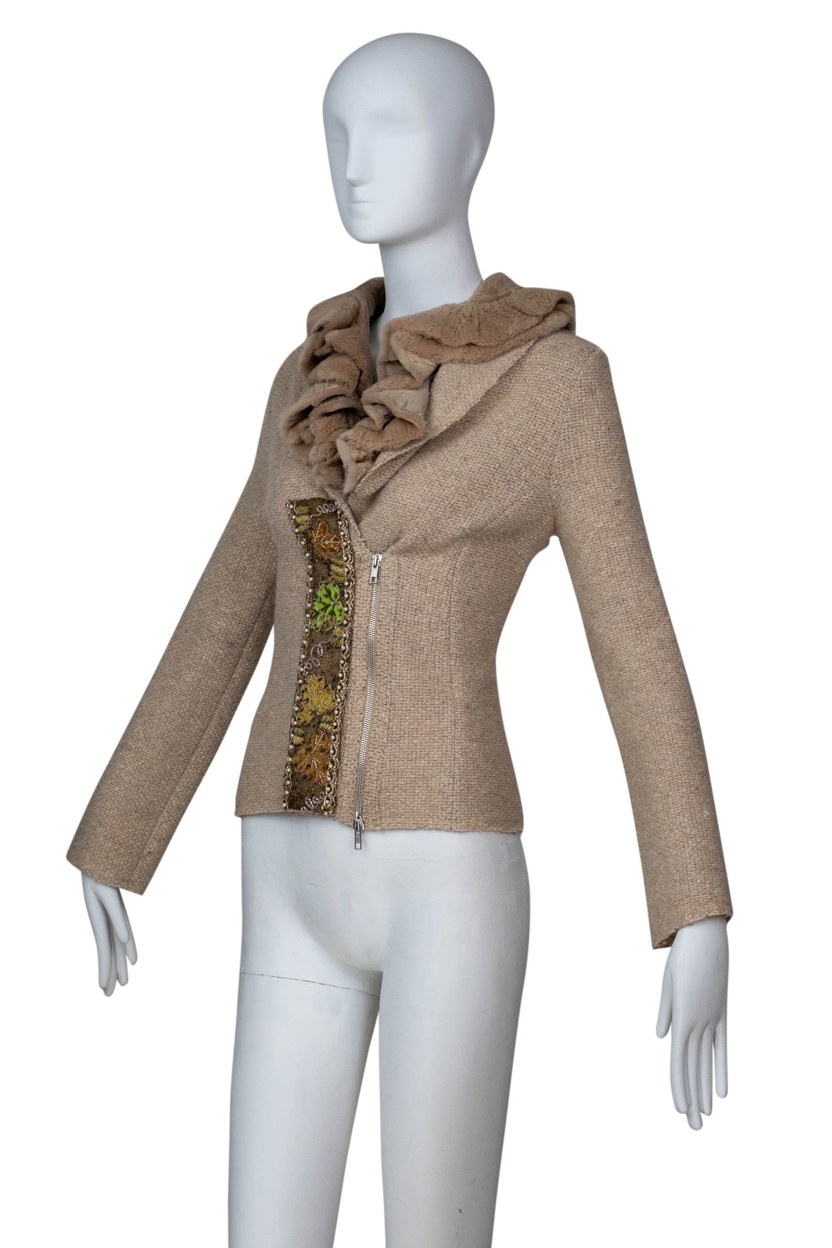 Blumarine Beige Fur Neck Jacket with Floral Embellishment Size 46