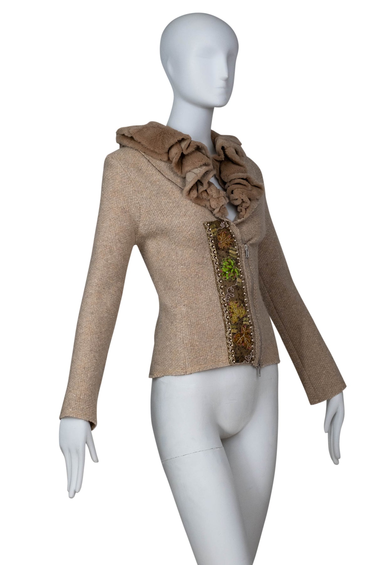 Blumarine Beige Fur Neck Jacket with Floral Embellishment Size 46