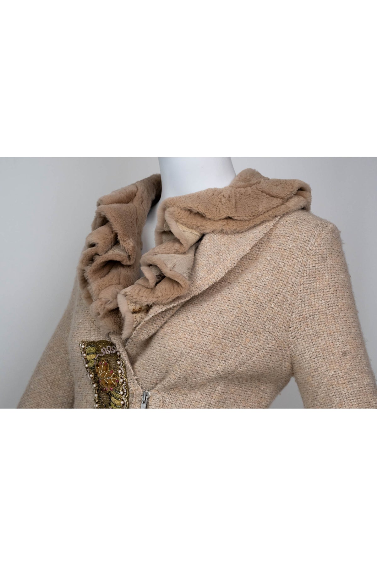 Blumarine Beige Fur Neck Jacket with Floral Embellishment Size 46