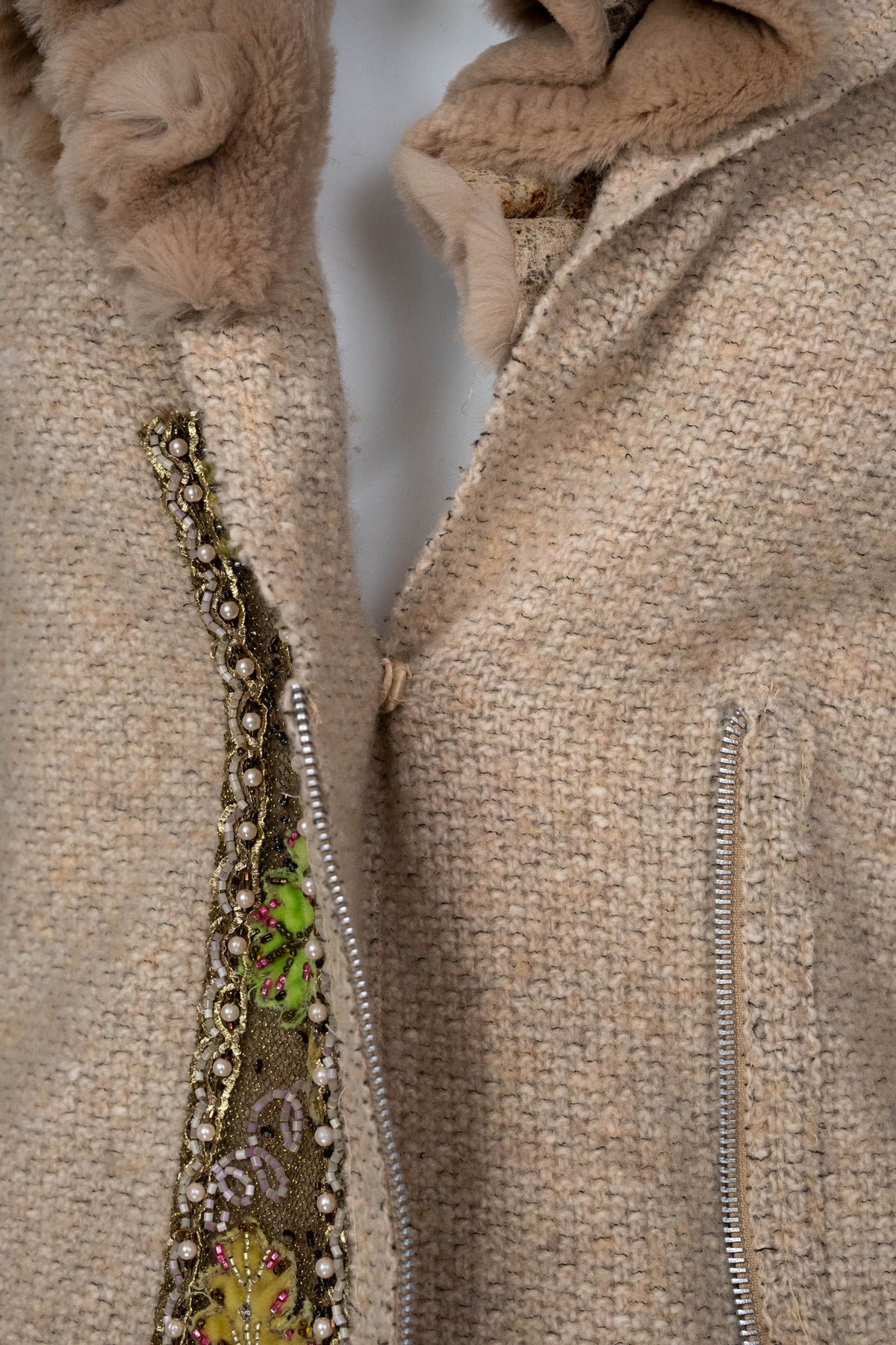 Blumarine Beige Fur Neck Jacket with Floral Embellishment Size 46