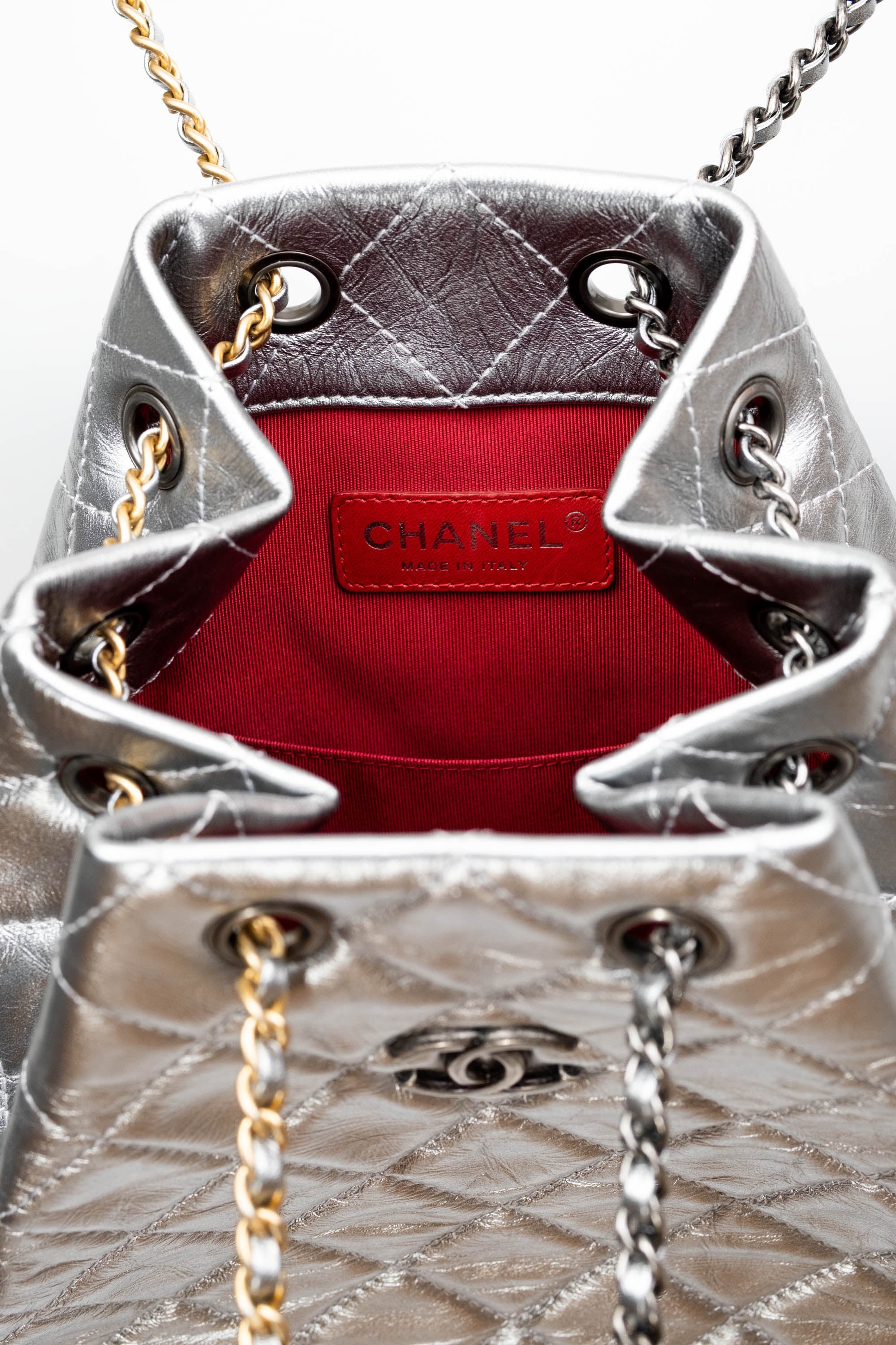 chanel gabrielle backpack mini Small Beige and Black Aged Calfskin Mixed Ha Made in Italy. Chanel Silver Gabrielle Backpack Multitone