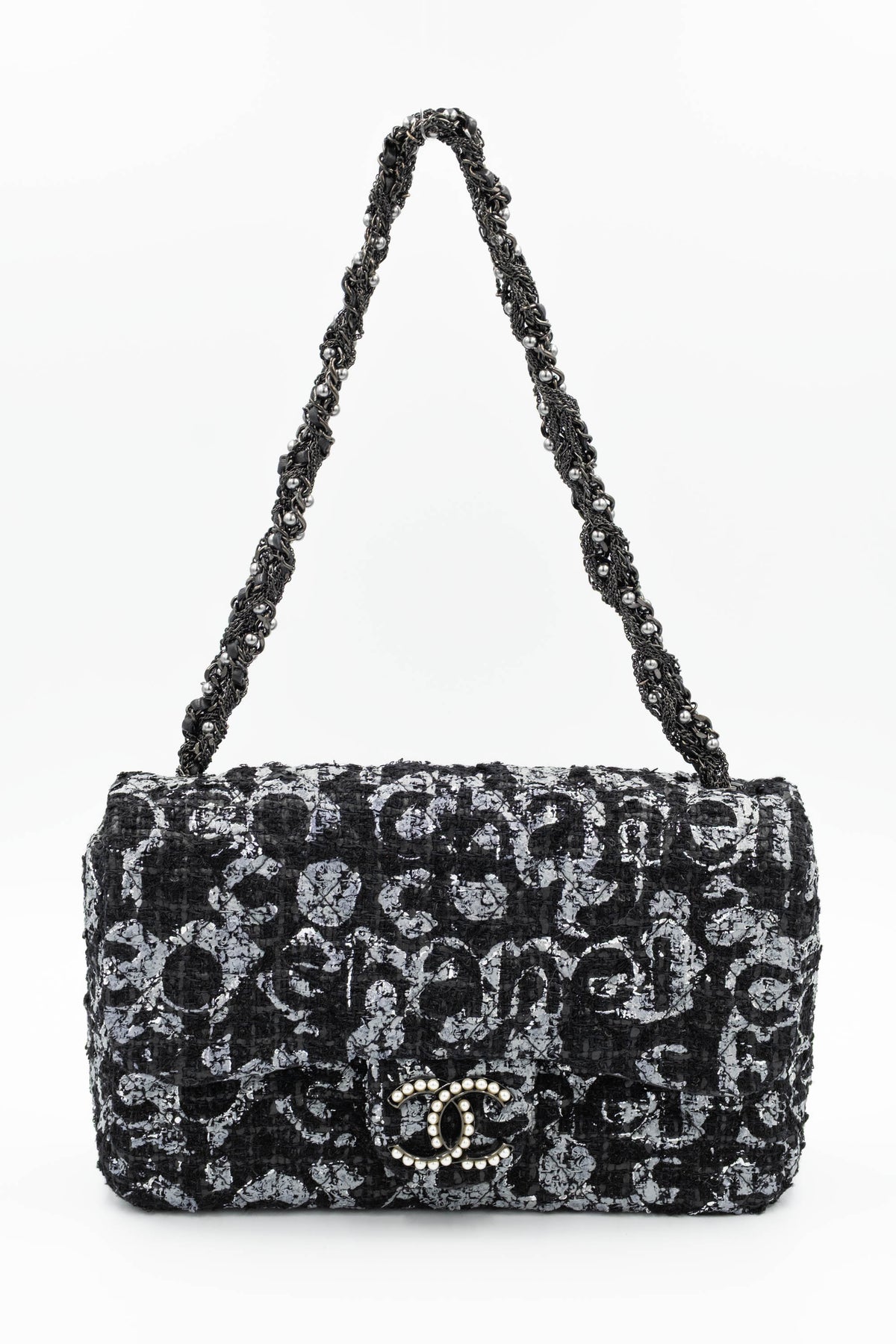 Chanel Black and Silver Tweed Westminster Pearl Chain Purse S/S 2015