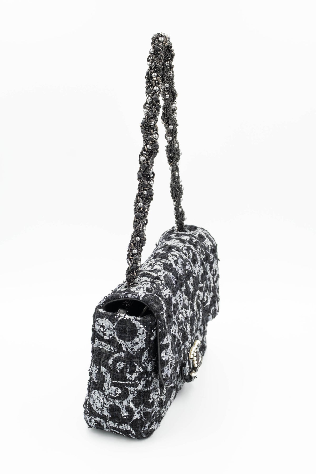 Chanel Black and Silver Tweed Westminster Pearl Chain Purse S/S 2015