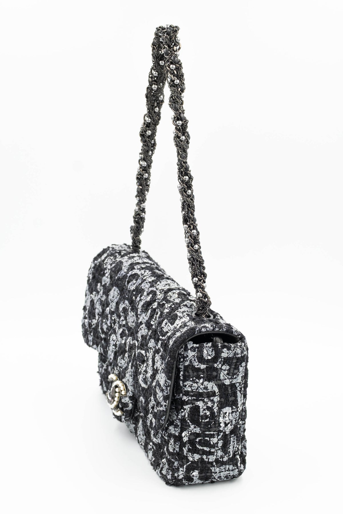 Chanel Black and Silver Tweed Westminster Pearl Chain Purse S/S 2015