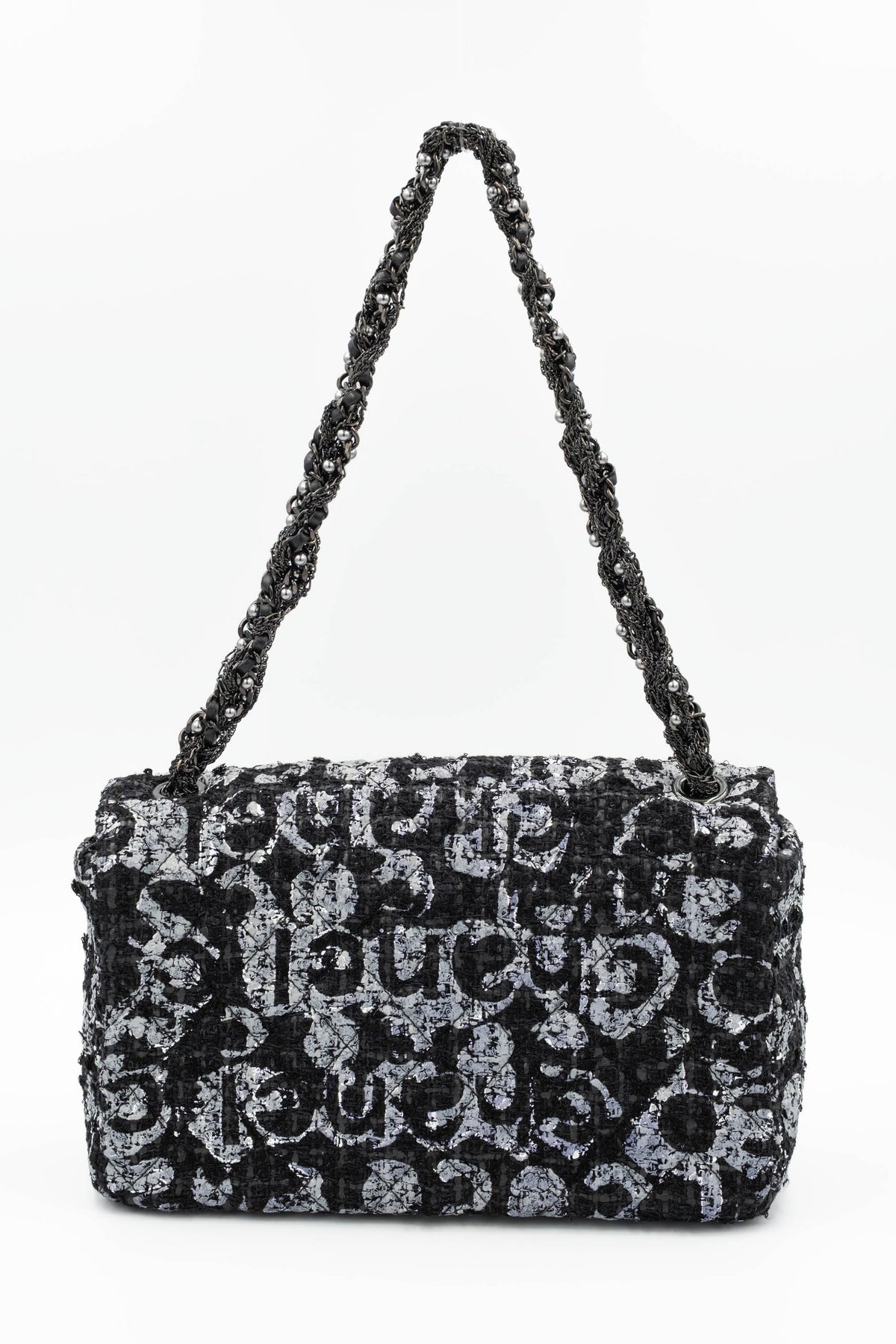 Chanel Black and Silver Tweed Westminster Pearl Chain Purse S/S 2015