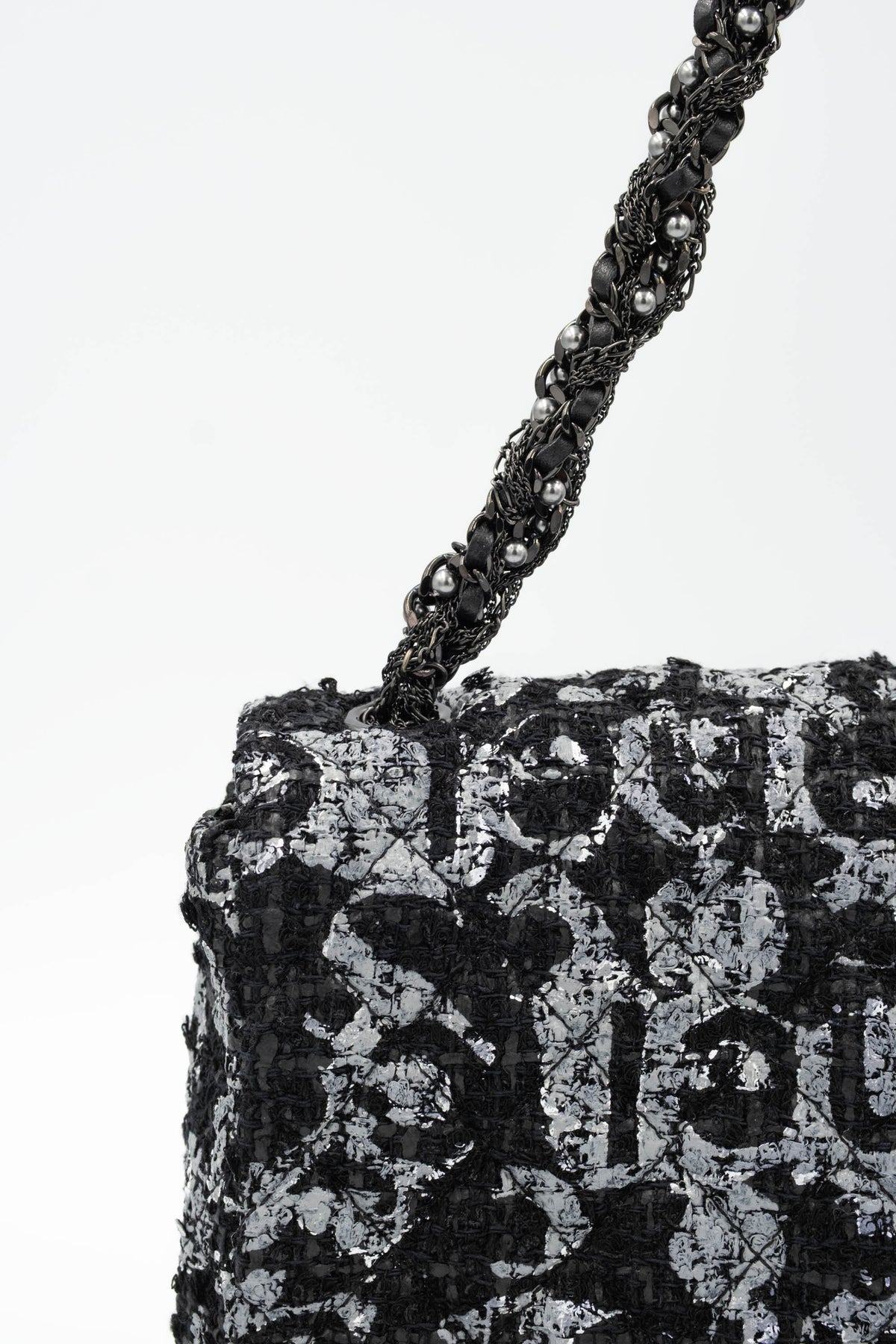 Chanel Black and Silver Tweed Westminster Pearl Chain Purse S/S 2015