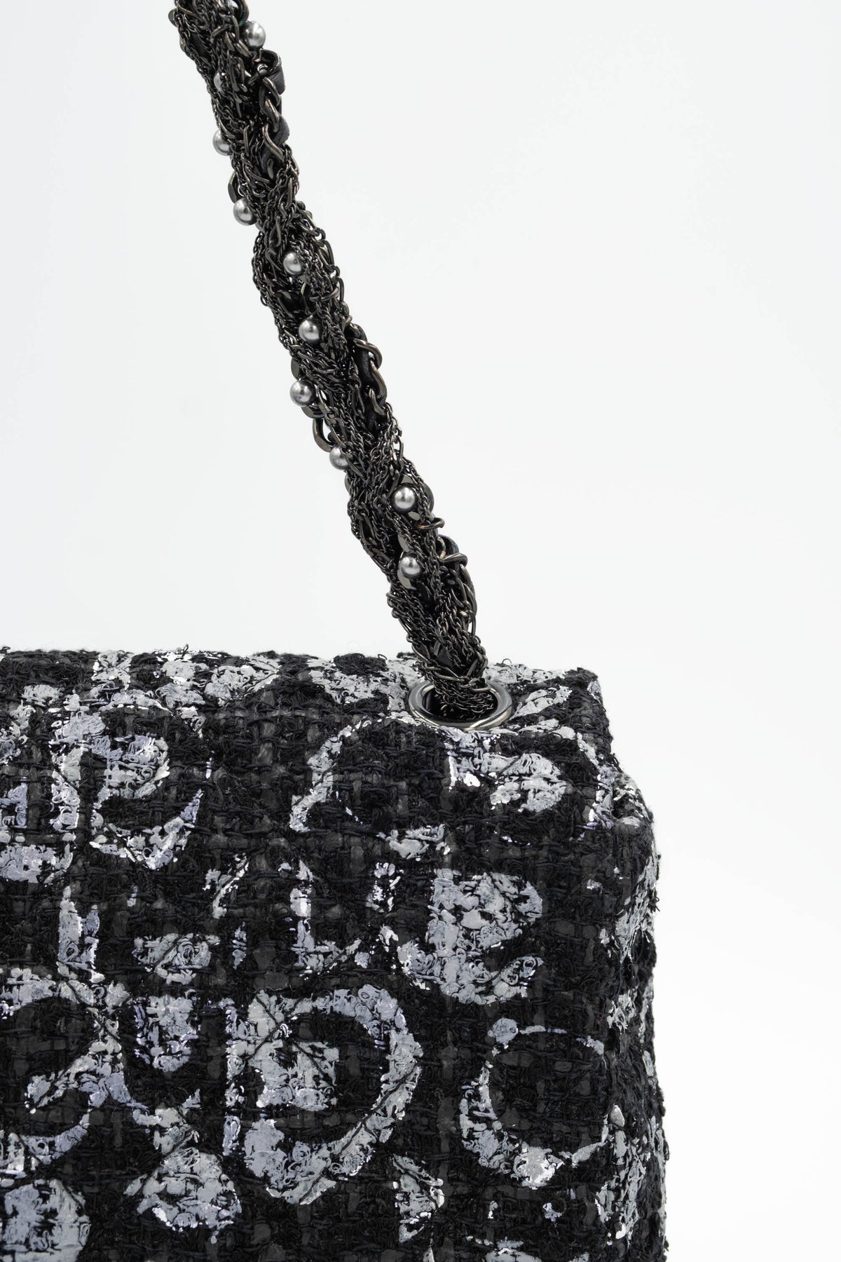 Chanel Black and Silver Tweed Westminster Pearl Chain Purse S/S 2015