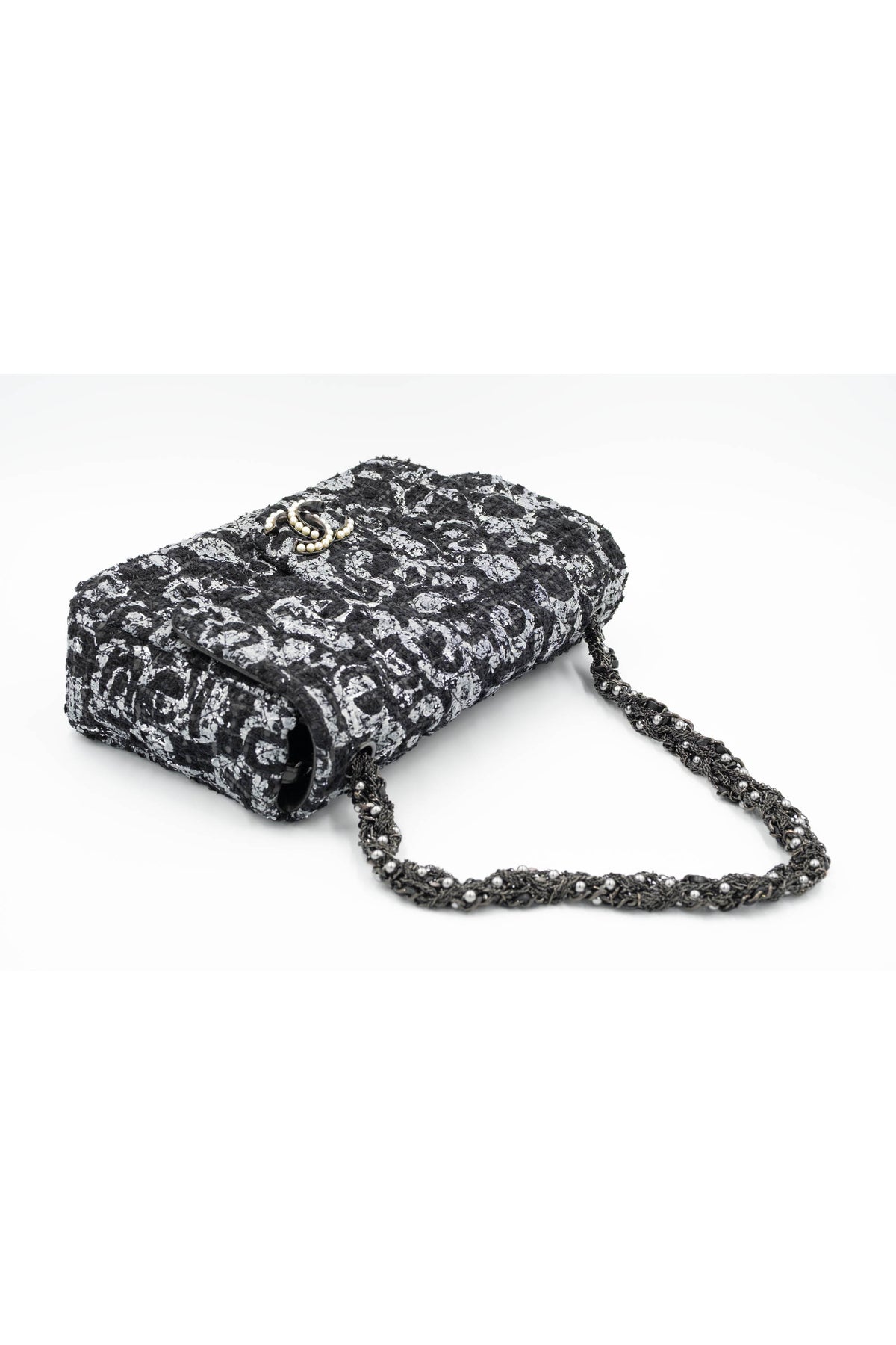 Chanel Black and Silver Tweed Westminster Pearl Chain Purse S/S 2015