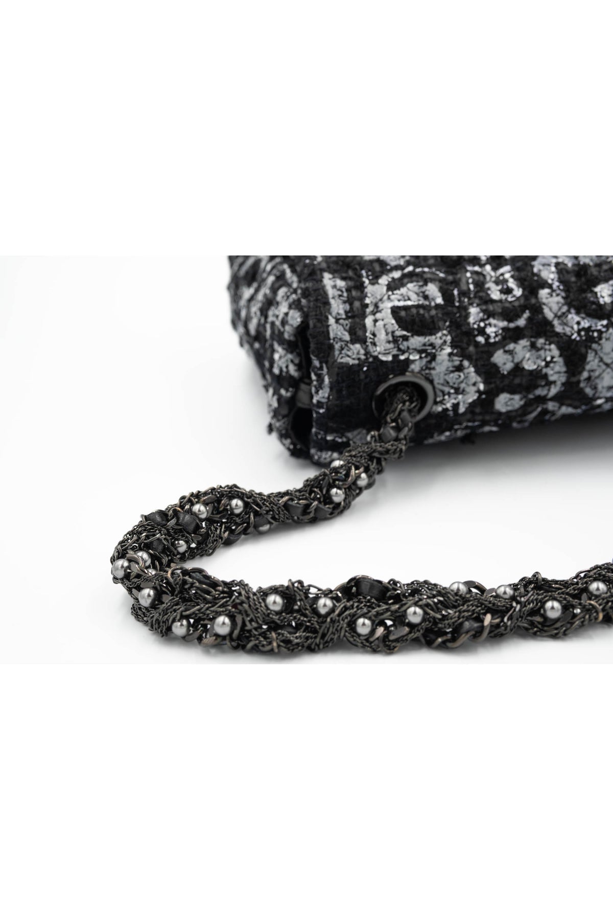 Chanel Black and Silver Tweed Westminster Pearl Chain Purse S/S 2015