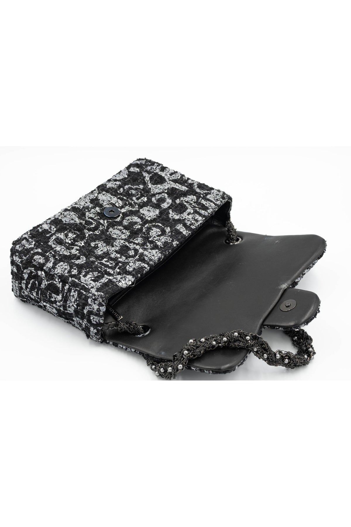 Chanel Black and Silver Tweed Westminster Pearl Chain Purse S/S 2015