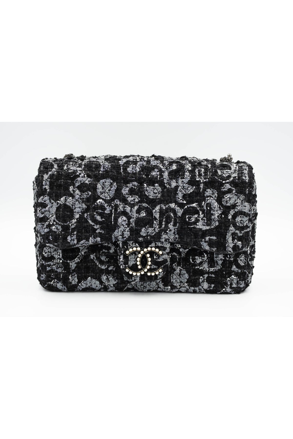 Chanel Black and Silver Tweed Westminster Pearl Chain Purse S/S 2015