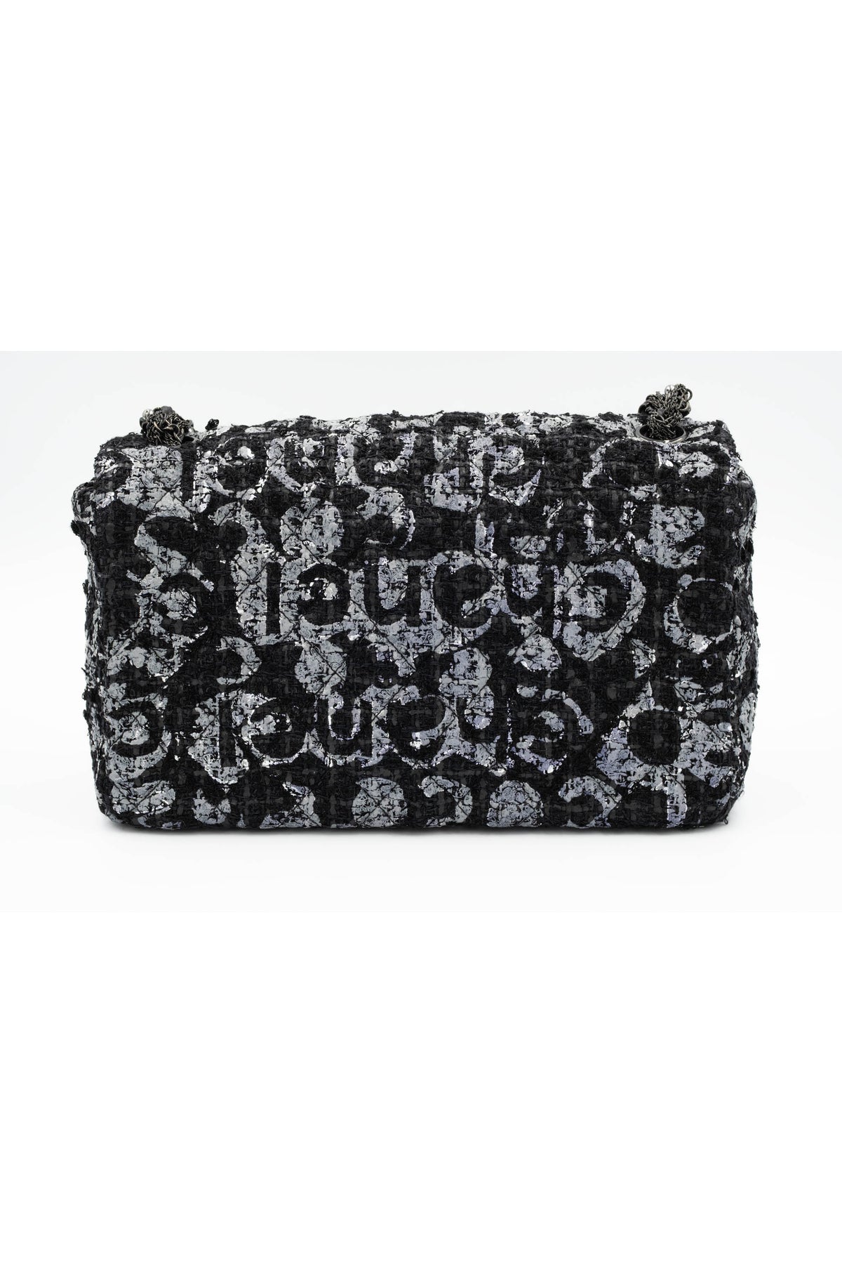 Chanel Black and Silver Tweed Westminster Pearl Chain Purse S/S 2015