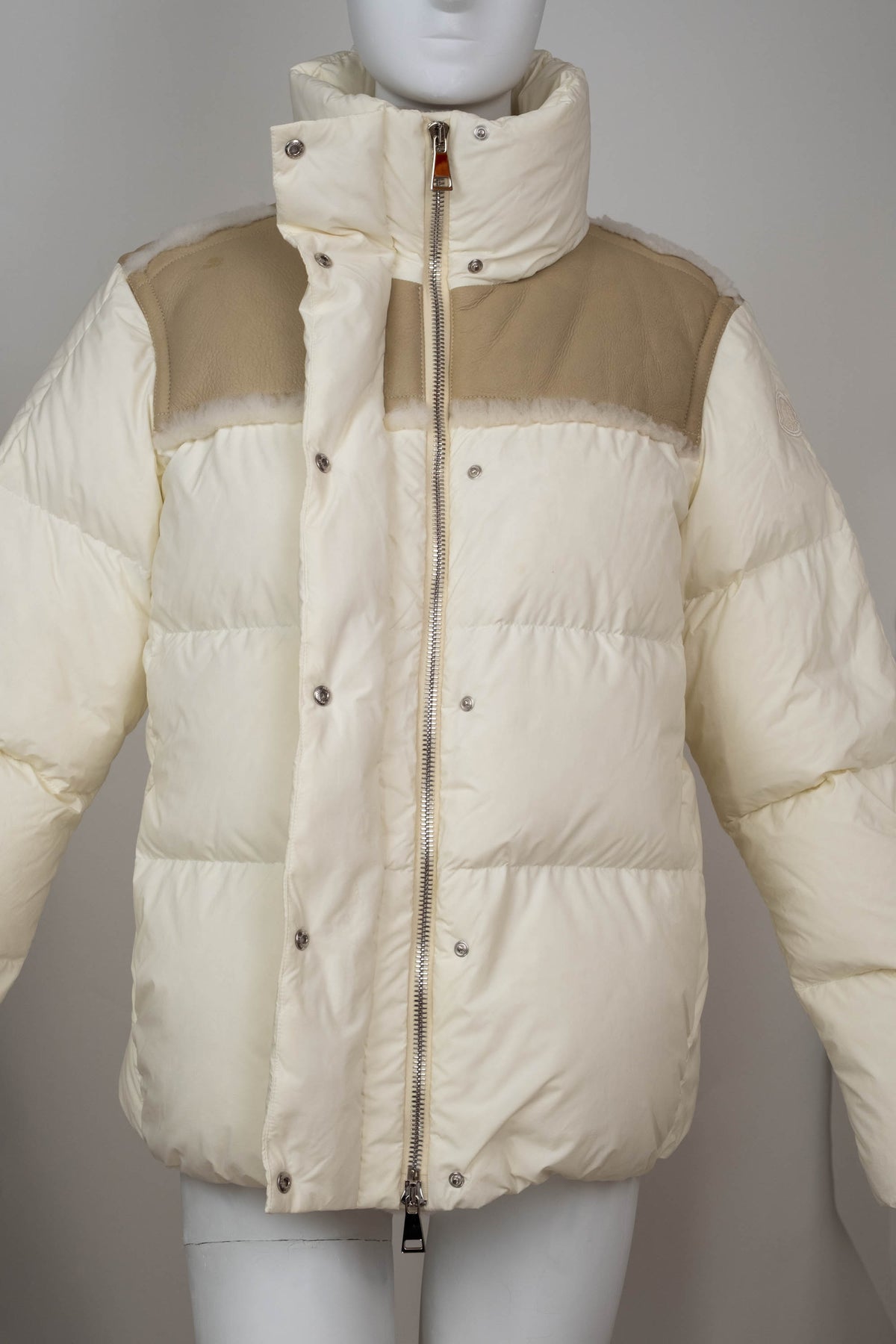 Monlcer White and Beige Leather Shoulder Jacket Size 2