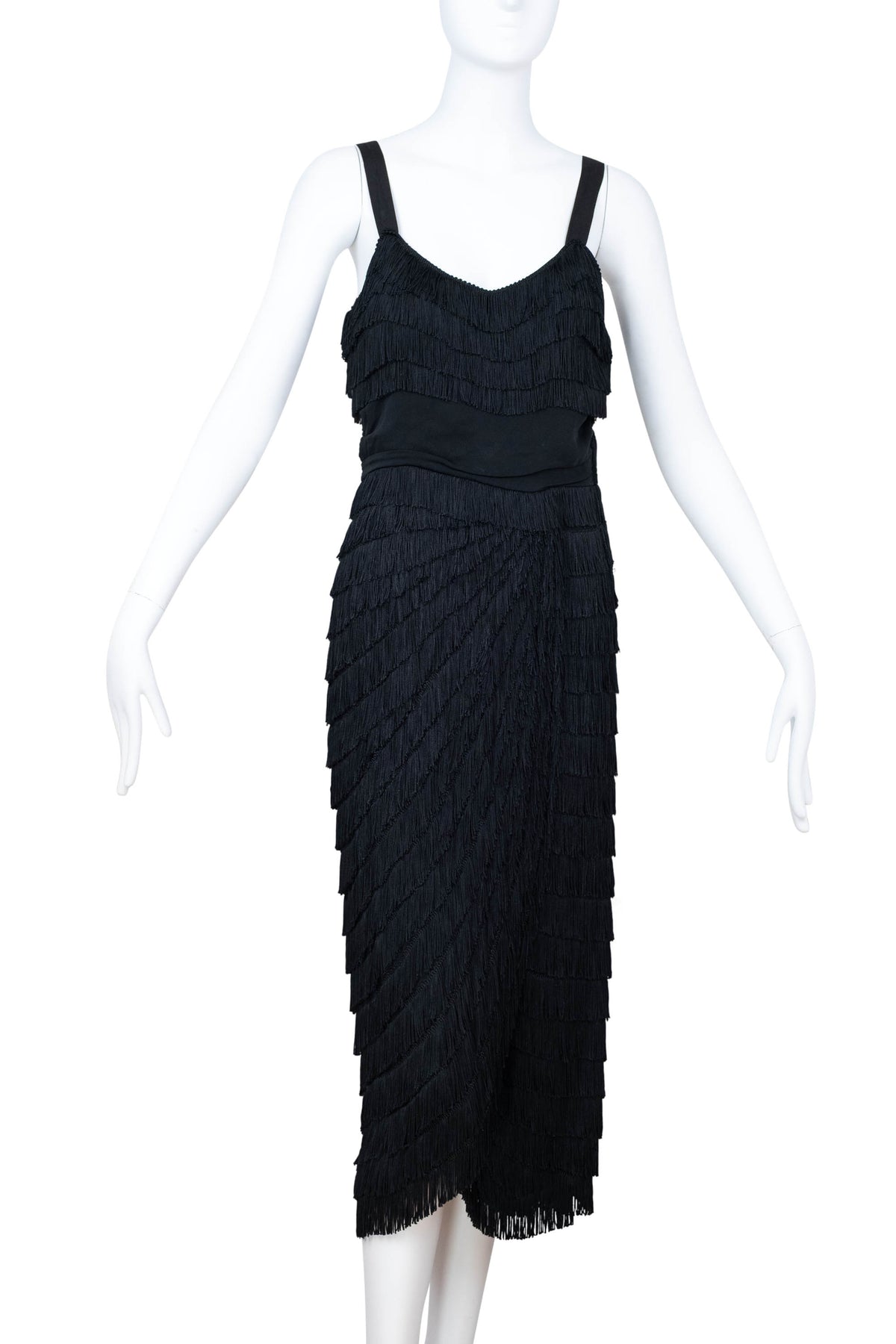 Patullo Jo Copeland Black Jersey Fringe Wiggle Cocktail Dress Size S 1950s-60s
