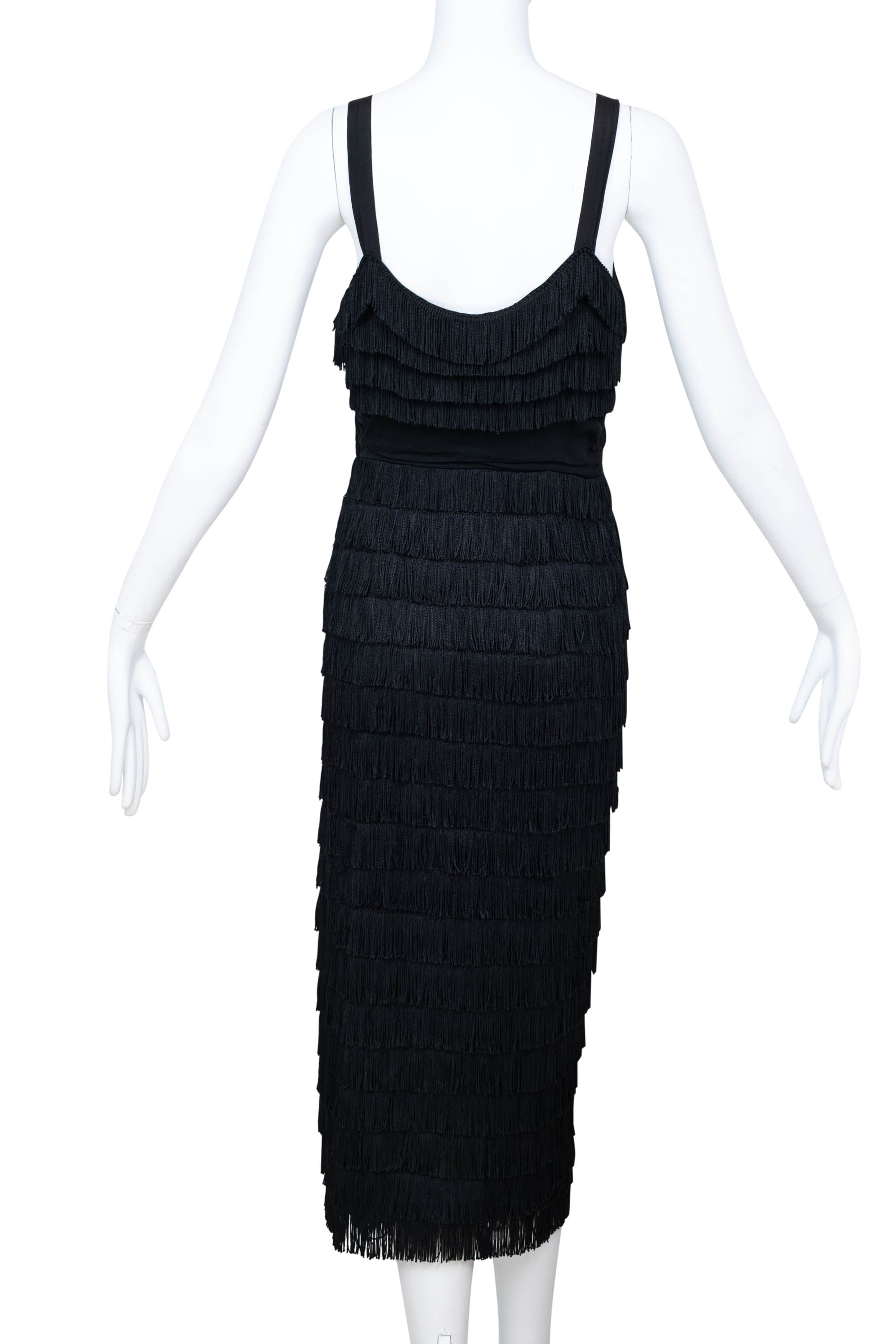 Patullo Jo Copeland Black Jersey Fringe Wiggle Cocktail Dress Size S 1950s-60s Patullo Jo Copeland Black Jersey Fringe Wiggle Cocktail Dress Size S 1950s-60s