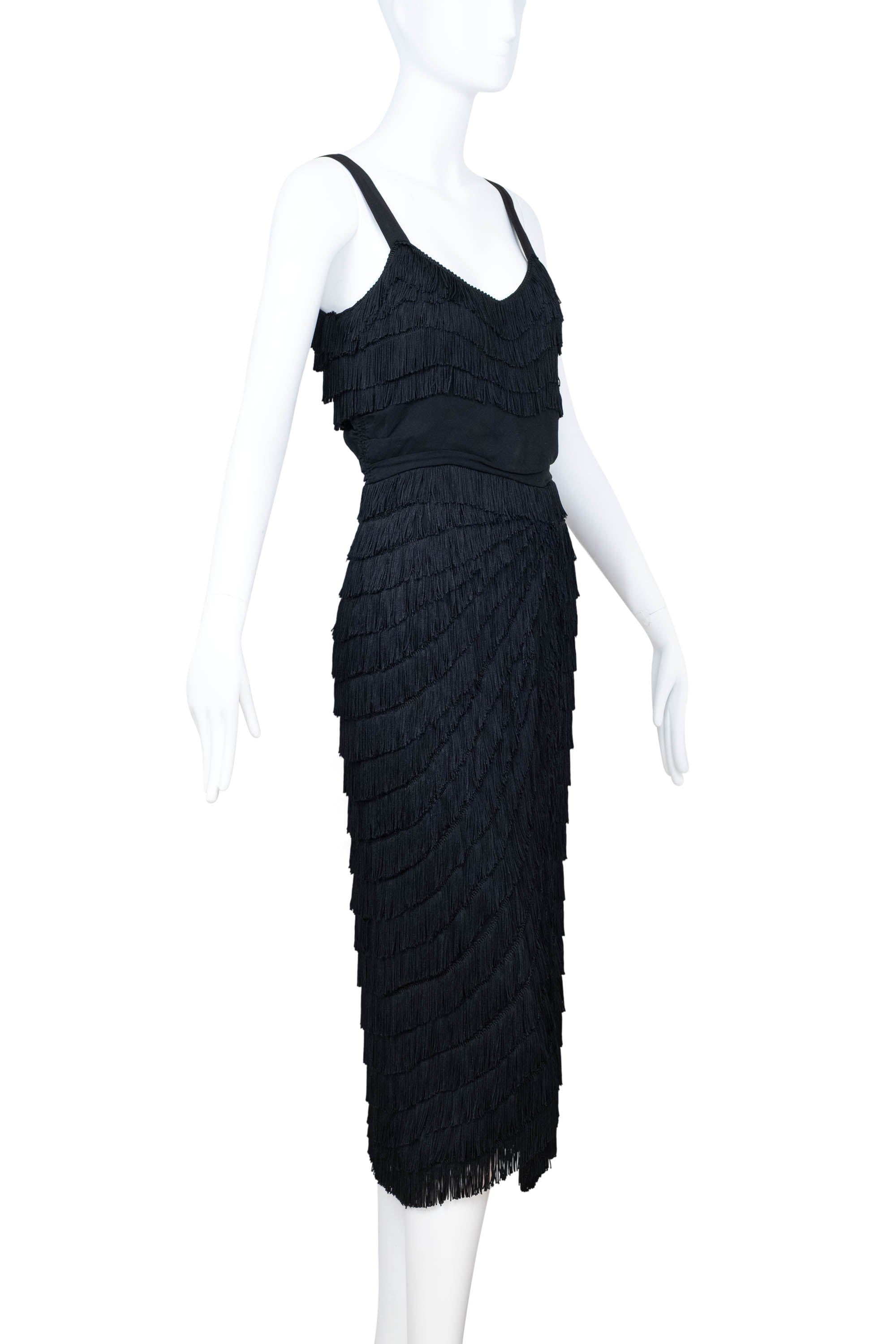 Patullo Jo Copeland Black Jersey Fringe Wiggle Cocktail Dress Size S 1950s-60s Patullo Jo Copeland Black Jersey Fringe Wiggle Cocktail Dress Size S 1950s-60s
