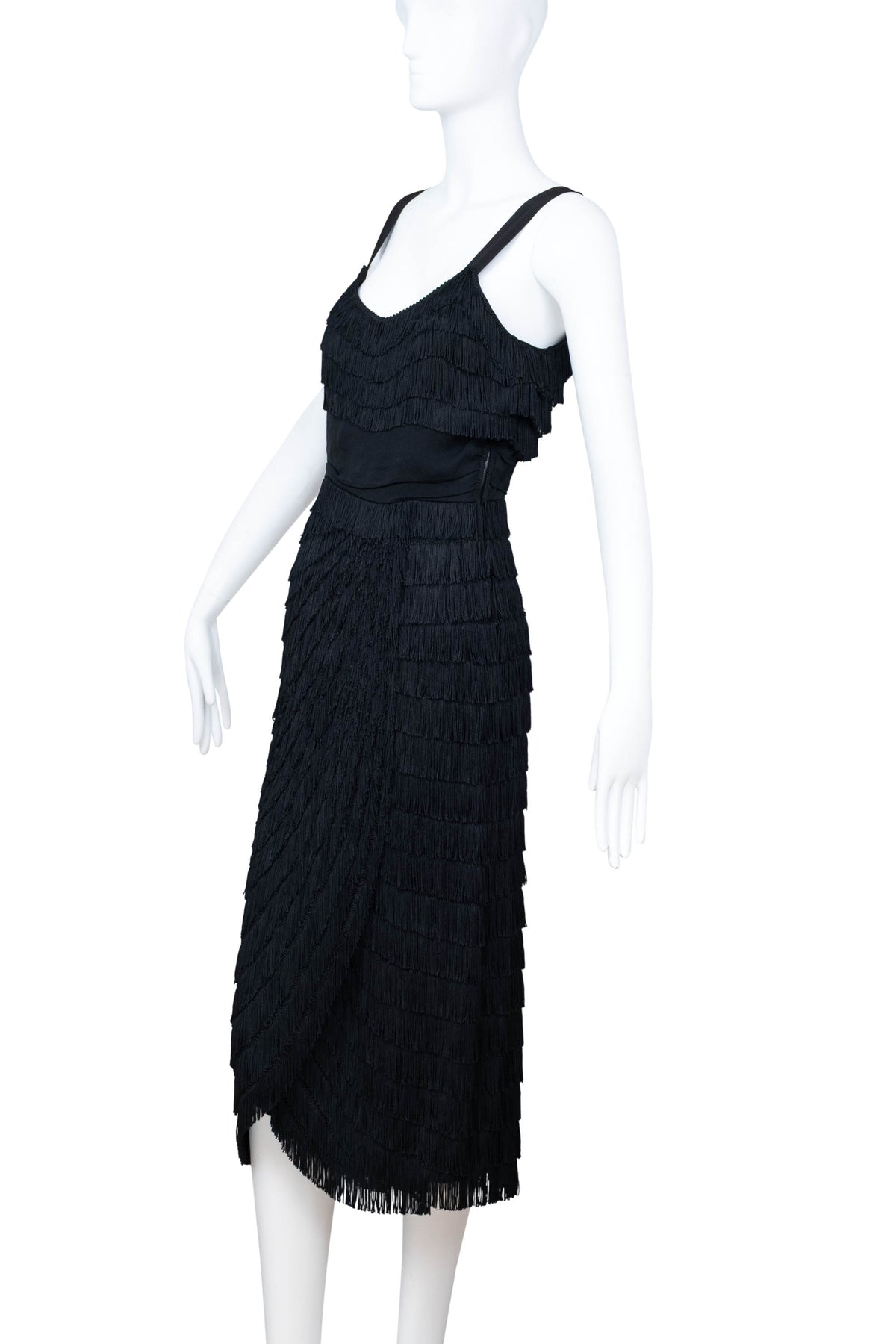 Patullo Jo Copeland Black Jersey Fringe Wiggle Cocktail Dress Size S 1950s-60s
