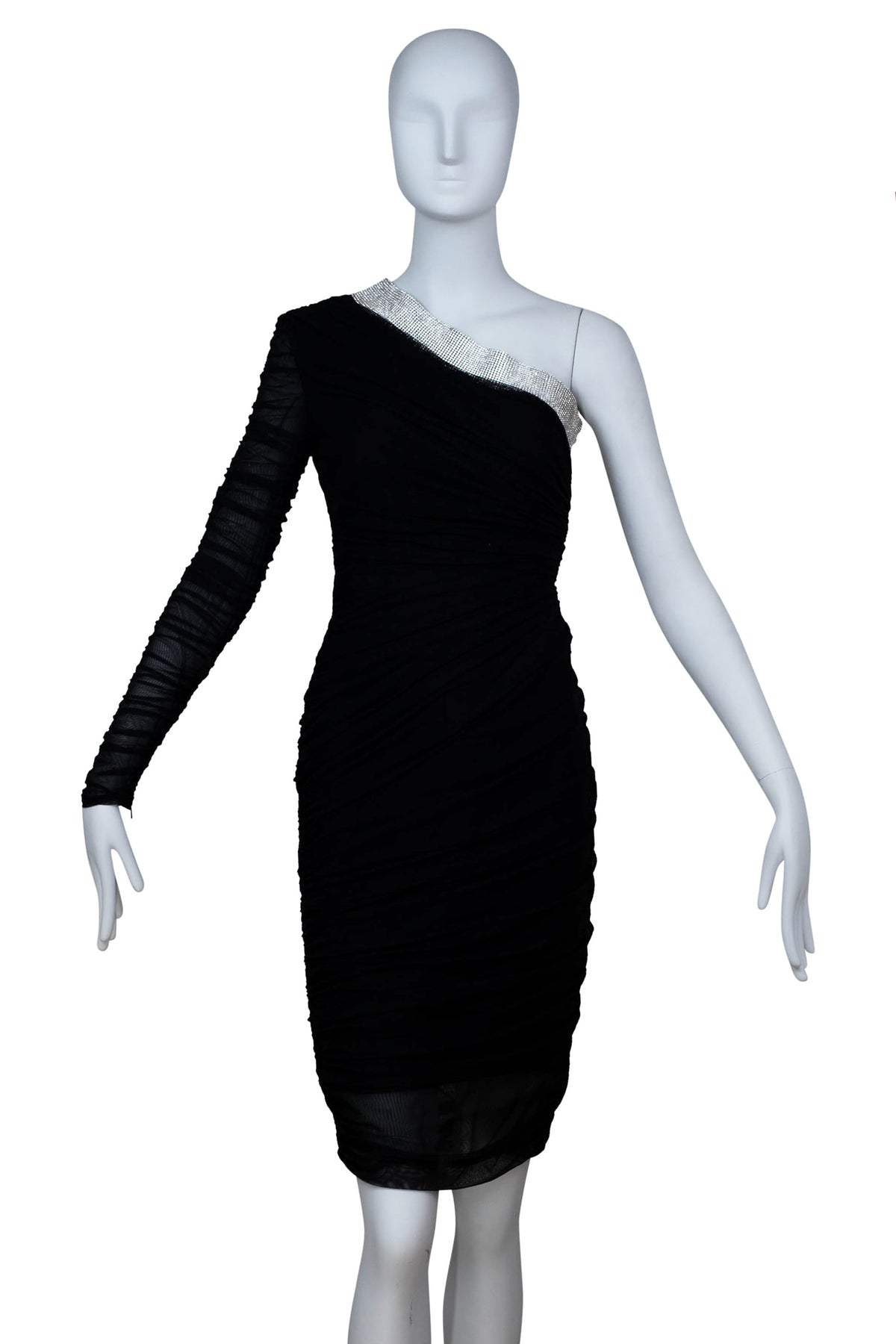 Versace Black One Shoulder Ruched Crystal Trim Cocktail Dress Size 38/2