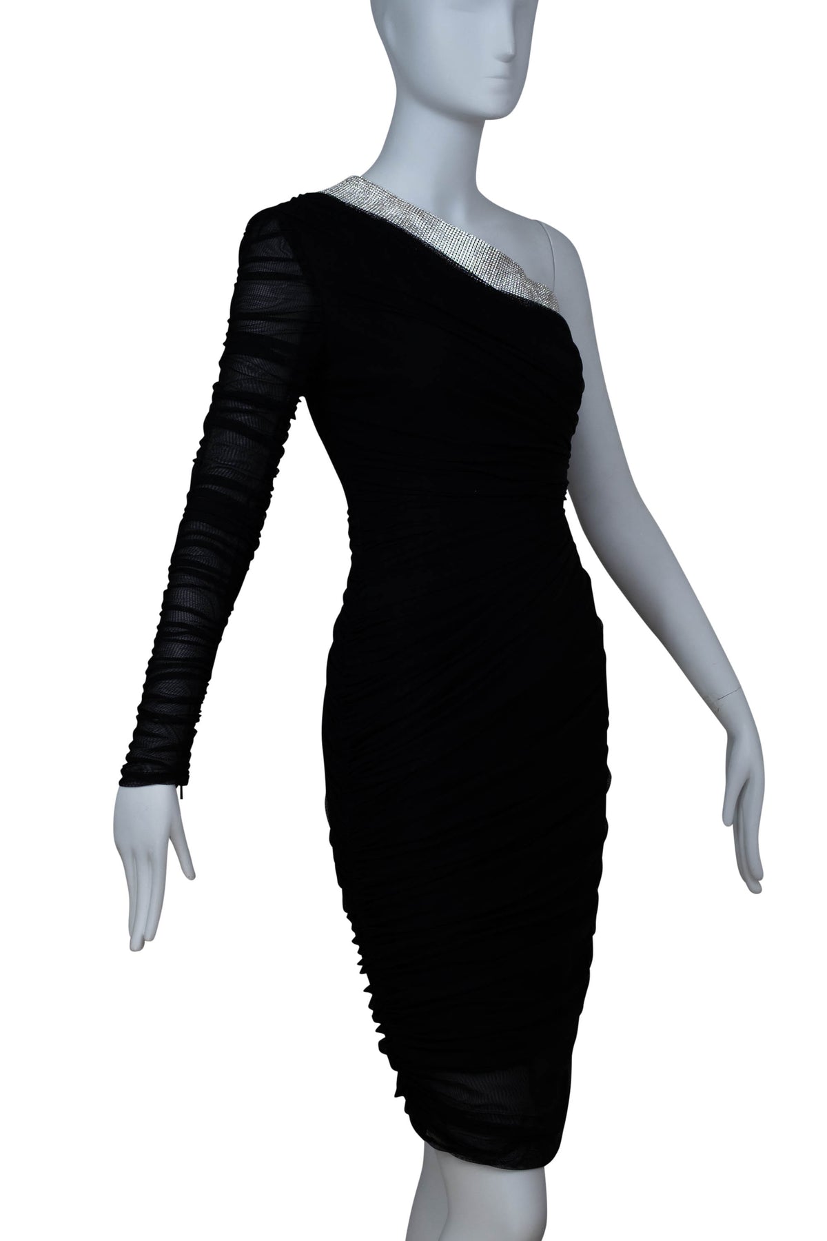 Versace Black One Shoulder Ruched Crystal Trim Cocktail Dress Size 38/2