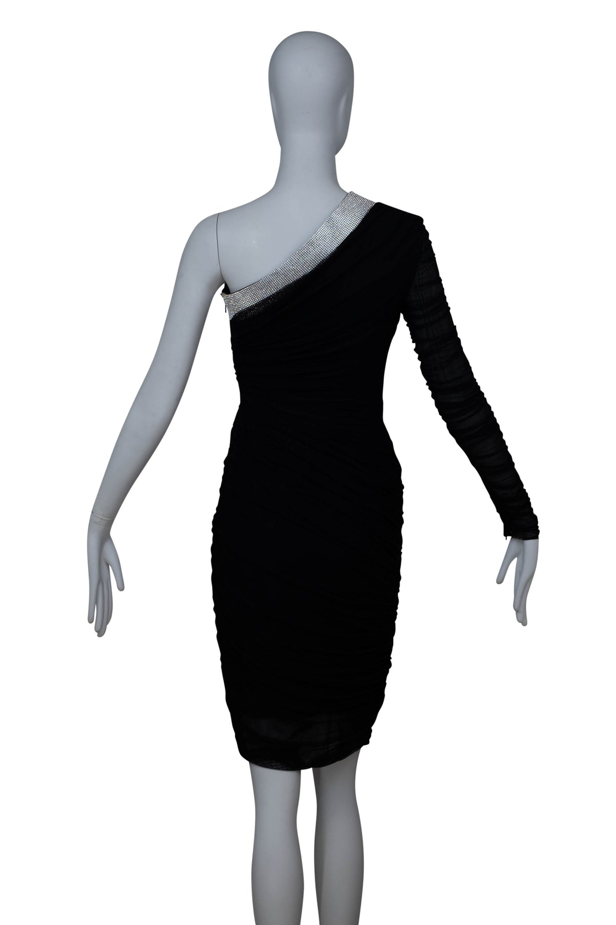 Versace Black One Shoulder Ruched Crystal Trim Cocktail Dress Size 38/2