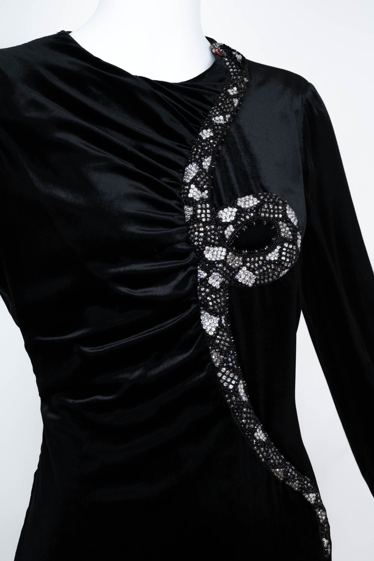 Valentino 1971 Black Velvet Snake Jewel Front Mini Long Sleeve Dress Size 44/8