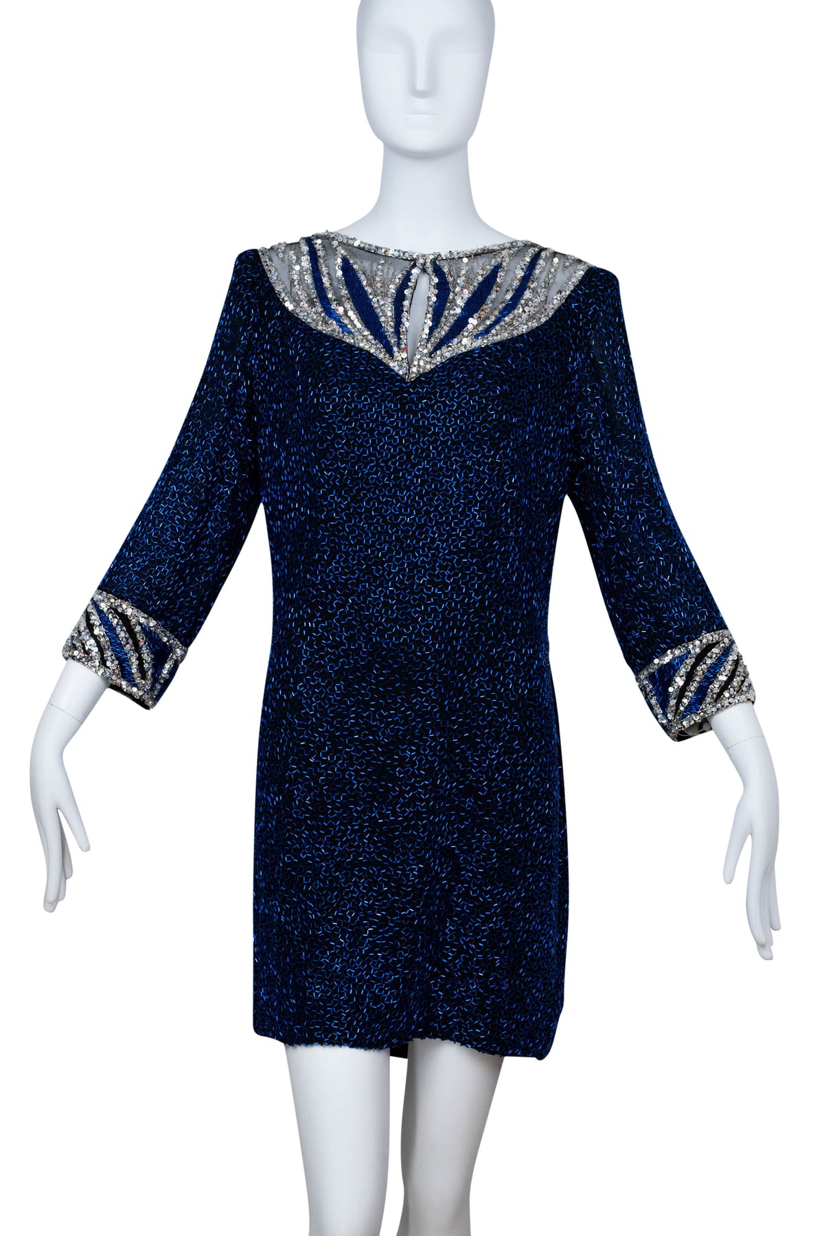 Bob Mackie High Neck Scoop Back Bracelet Sleeve Mini Silver and Blue Sequin Dress Size 12