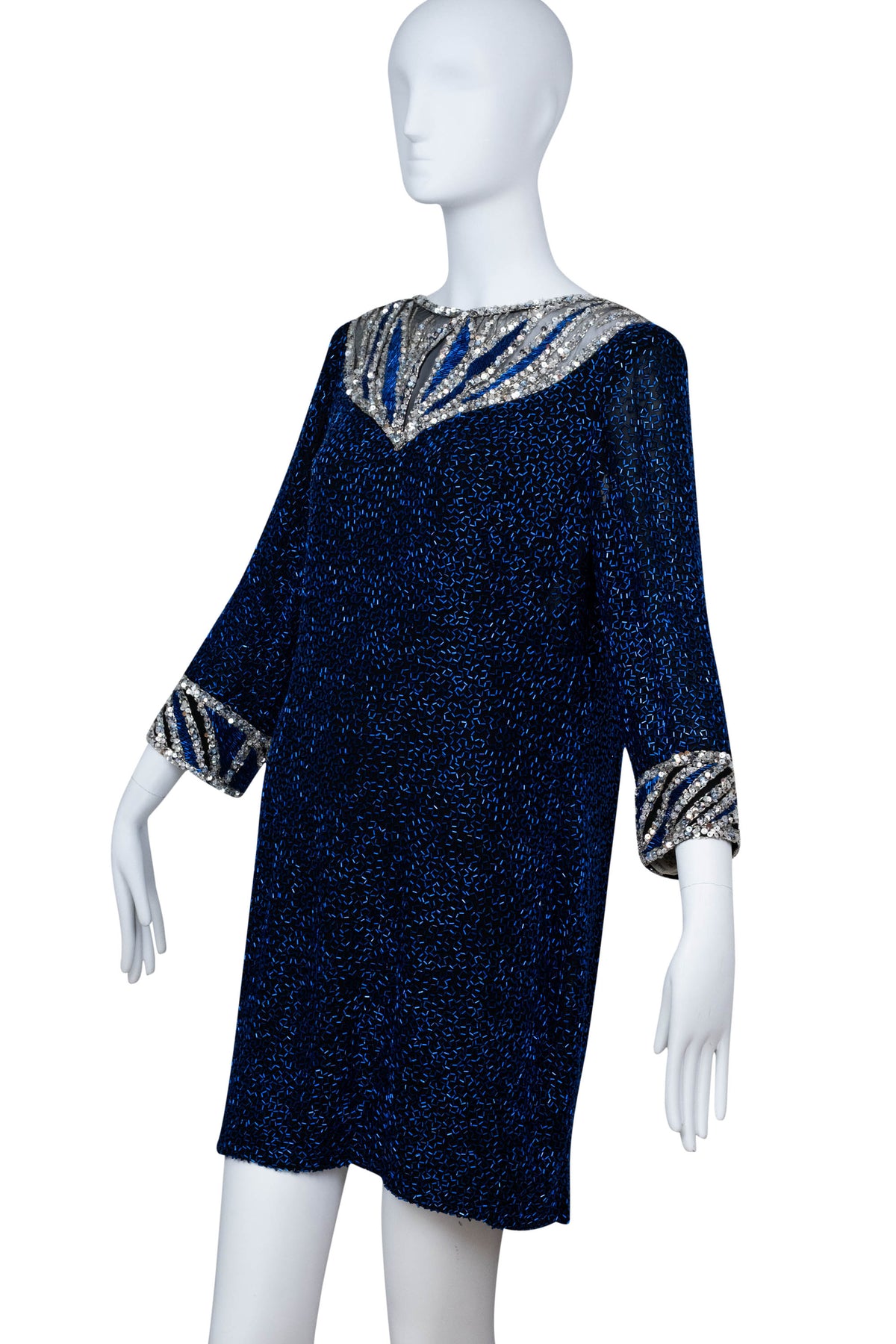 Bob Mackie High Neck Scoop Back Bracelet Sleeve Mini Silver and Blue Sequin Dress Size 12