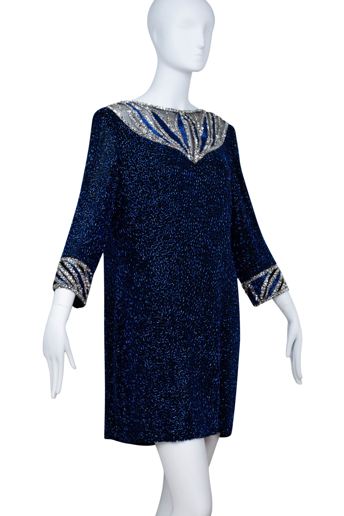 Bob Mackie High Neck Scoop Back Bracelet Sleeve Mini Silver and Blue Sequin Dress Size 12