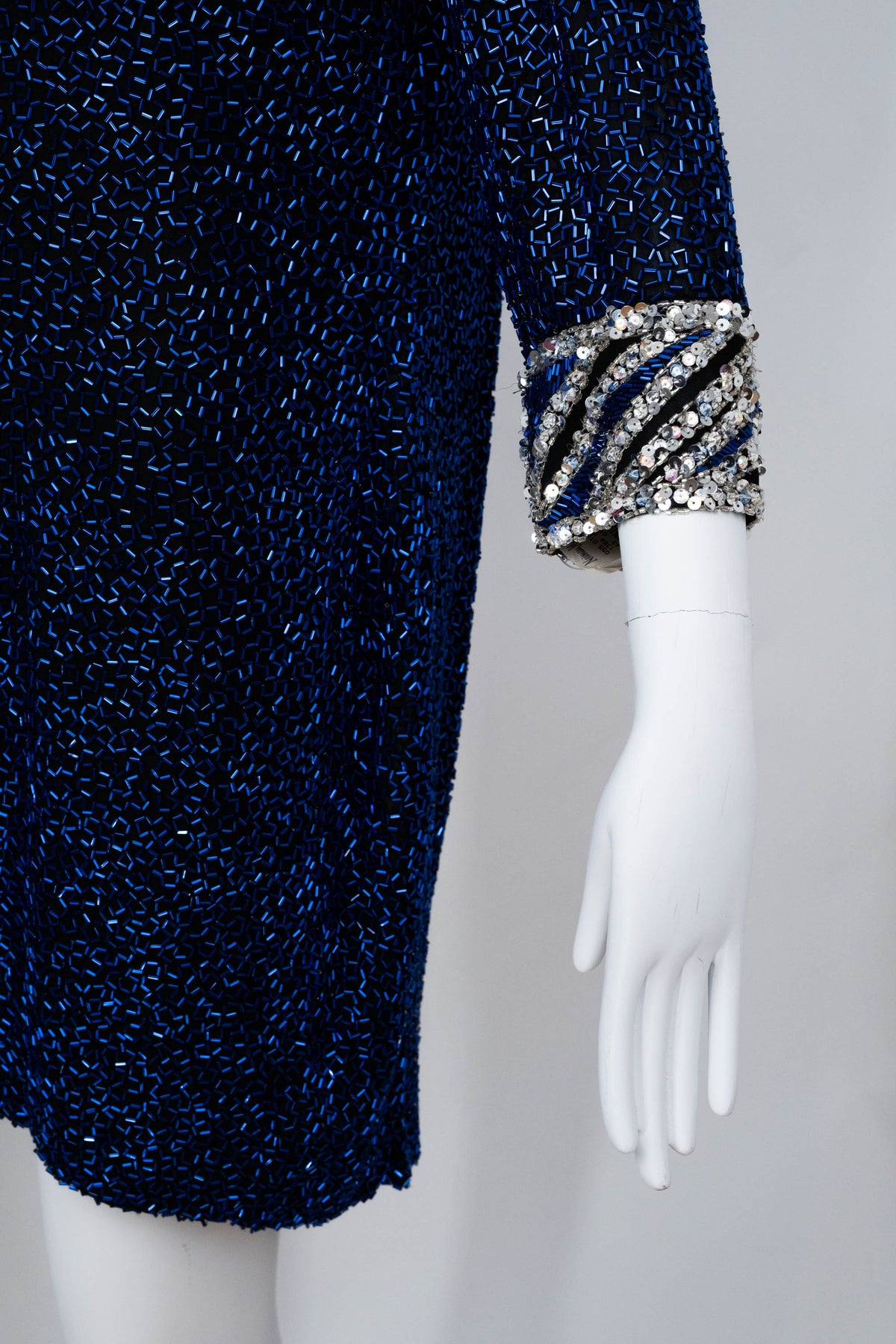 Bob Mackie High Neck Scoop Back Bracelet Sleeve Mini Silver and Blue Sequin Dress Size 12